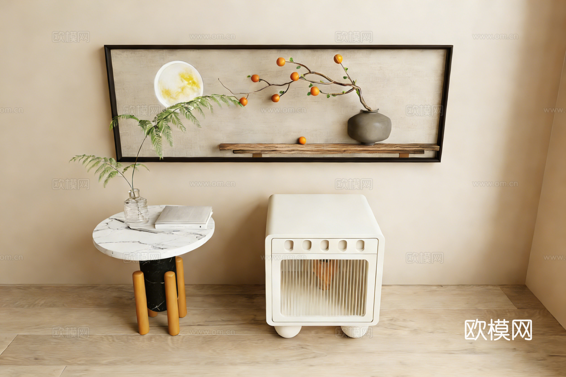 新中式装饰画 大理石边几 镂空柜边柜su模型