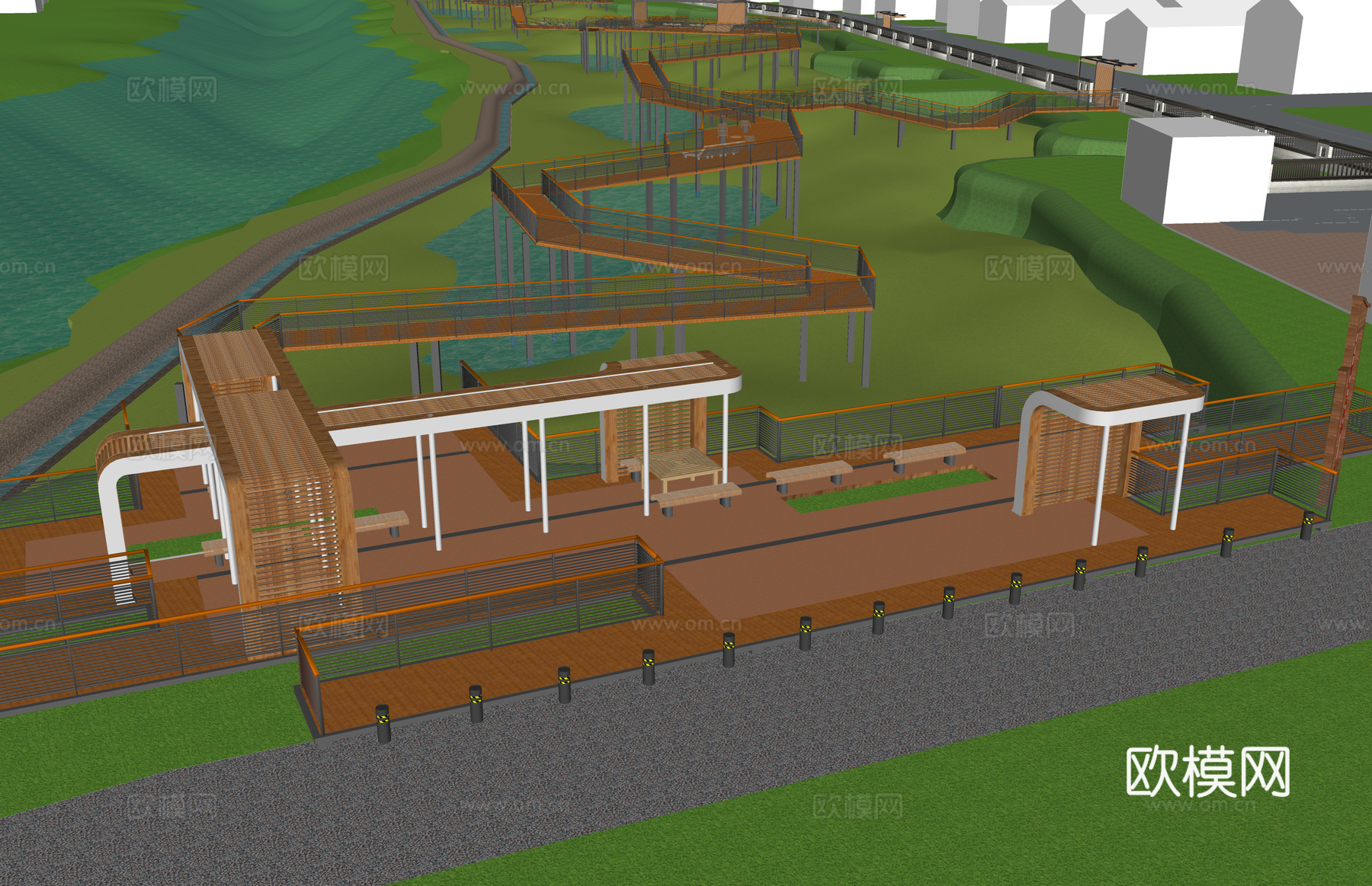 滨水景观 结构桥 亲水平台 桥梁 高架桥 景观桥su模型