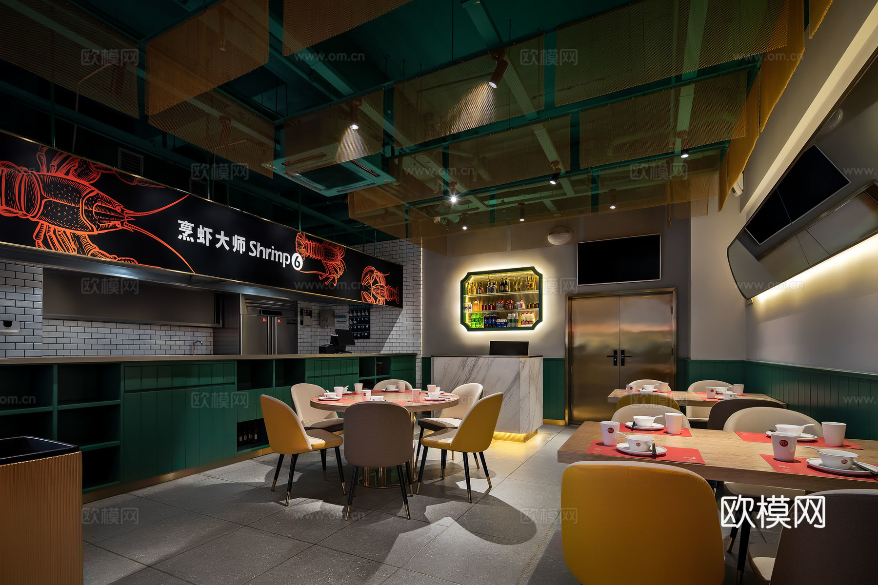 小龙虾快餐厅 最新全套施工图 效果图合集cad施工图