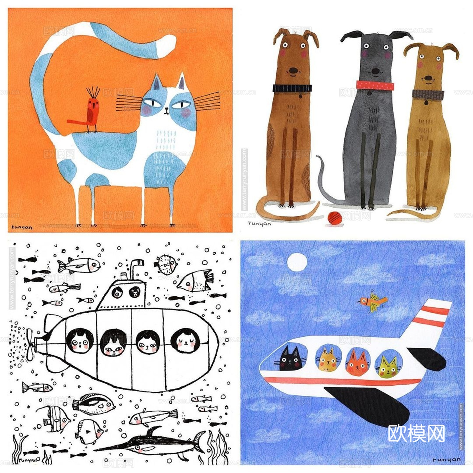 可爱动物手绘创意童趣插画猫咪动物插画治愈系插画可爱儿童插画下载