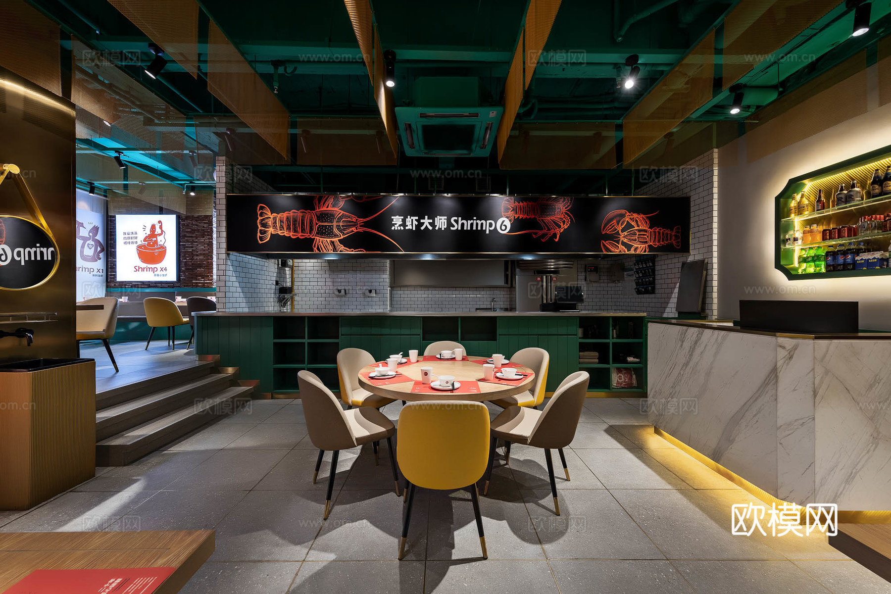 小龙虾快餐厅 最新全套施工图 效果图合集cad施工图