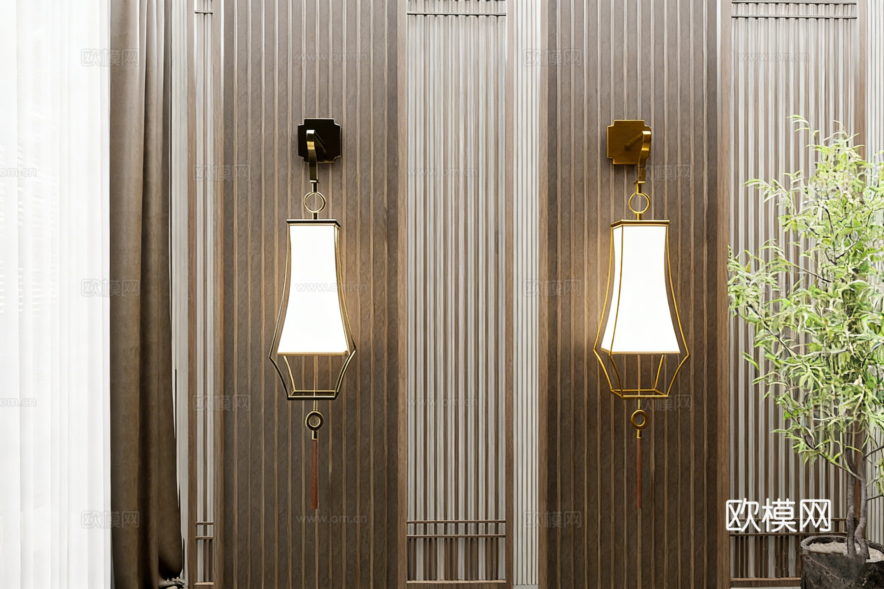 新中式流苏壁灯 金色金属陶瓷灯罩 酒店会所背景墙装饰灯su模型