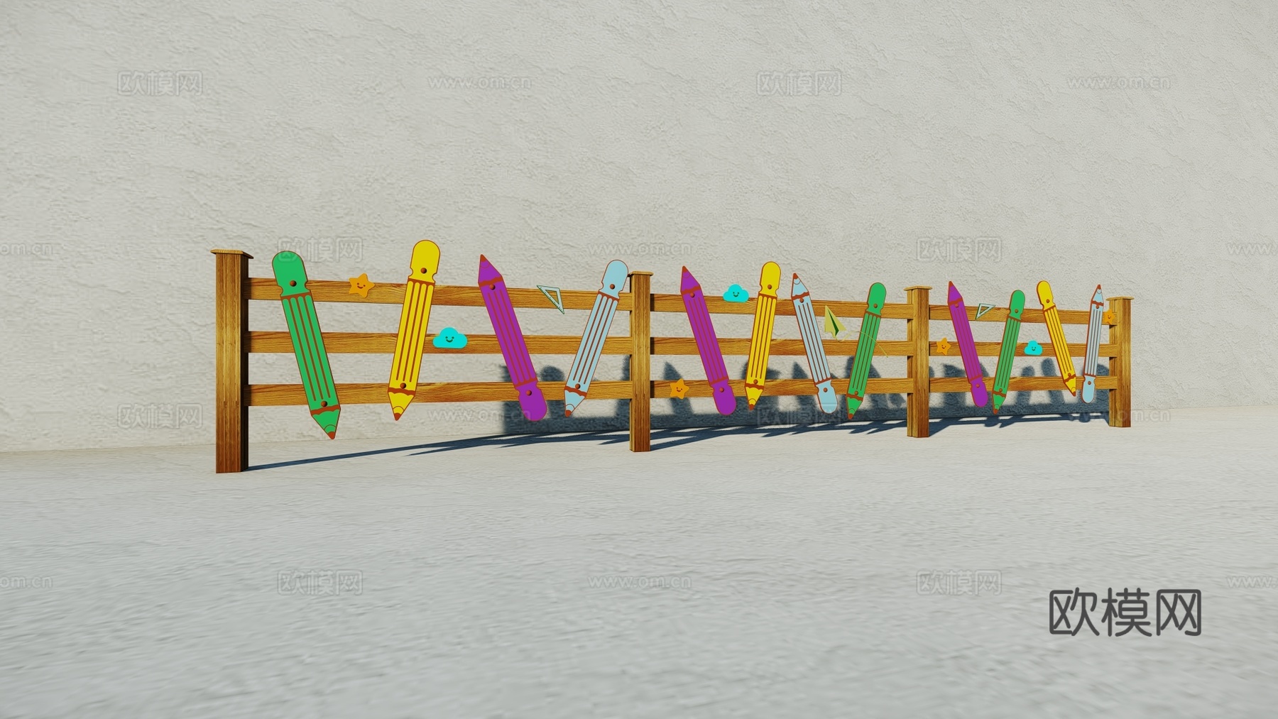 现代生态户外卡通木质栏杆动物围栏护栏彩色花朵儿童栅栏田园草地su模型