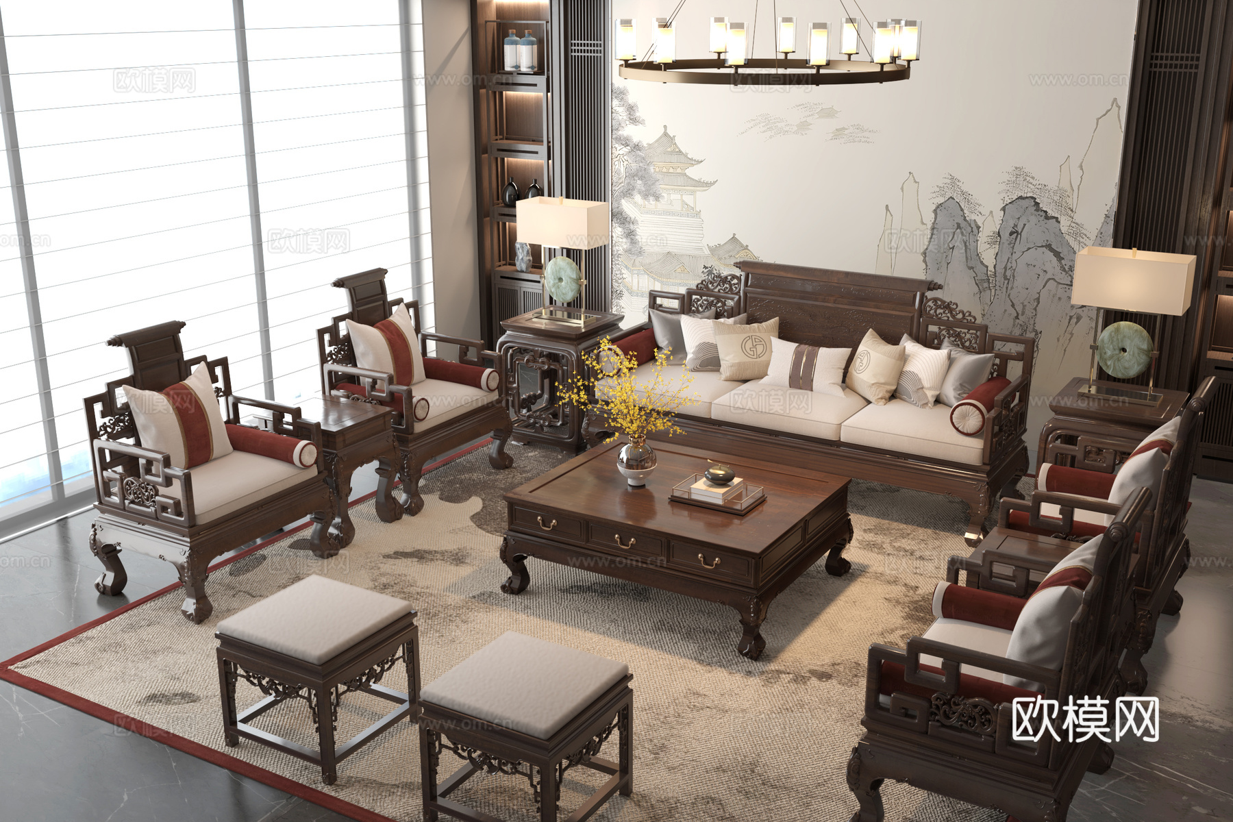 新中式客厅 沙发 实木沙发 中式沙发su模型