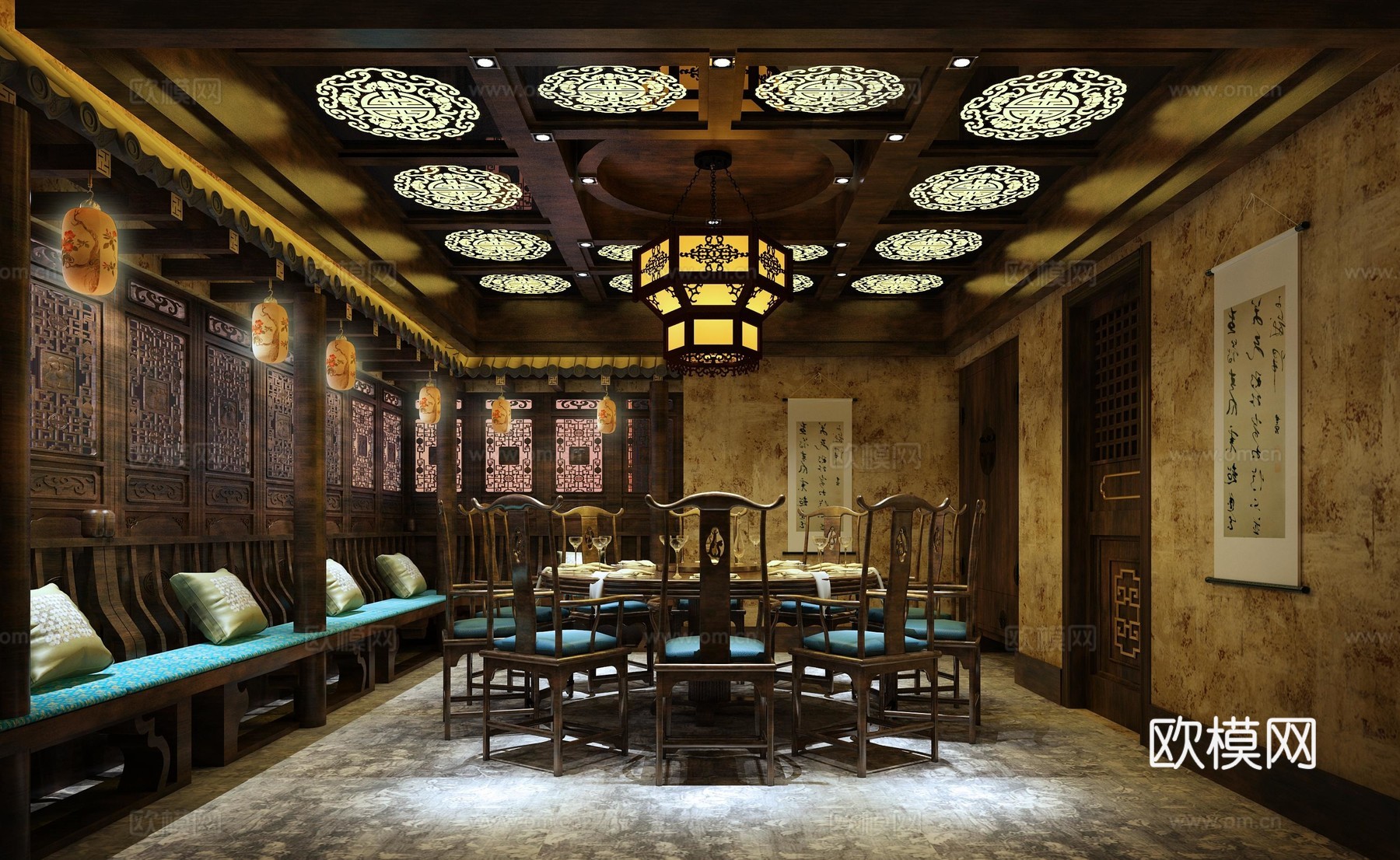 新中式中餐厅 最新全套施工图 效果图合集cad施工图