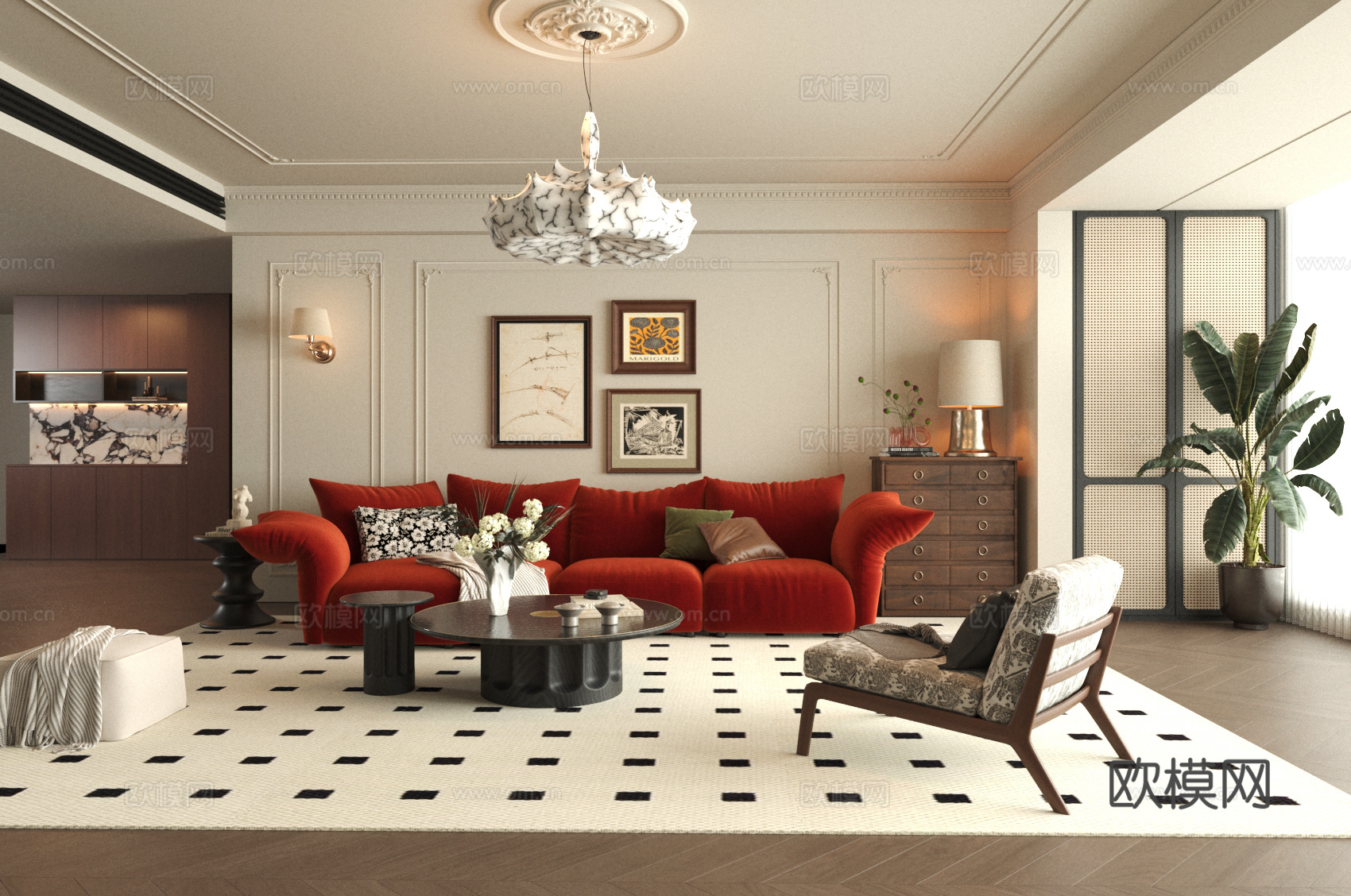 中古风格客餐厅3d模型下载