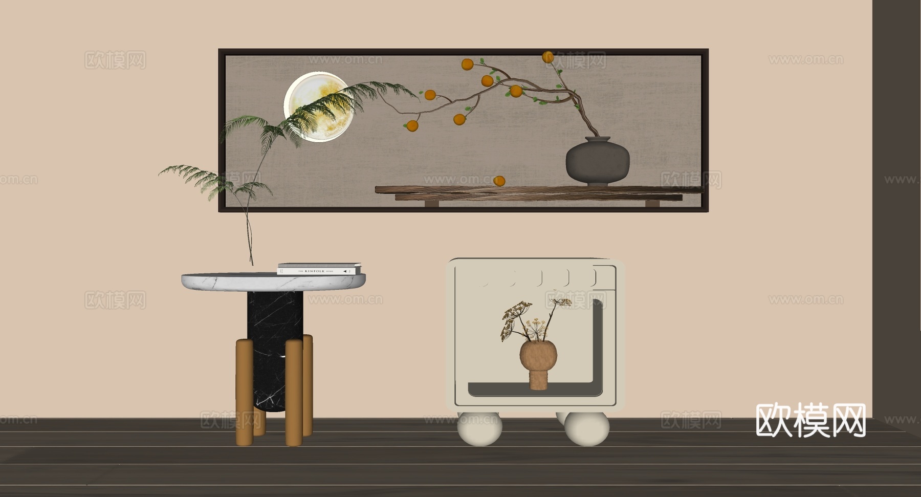 新中式装饰画 大理石边几 镂空柜边柜su模型