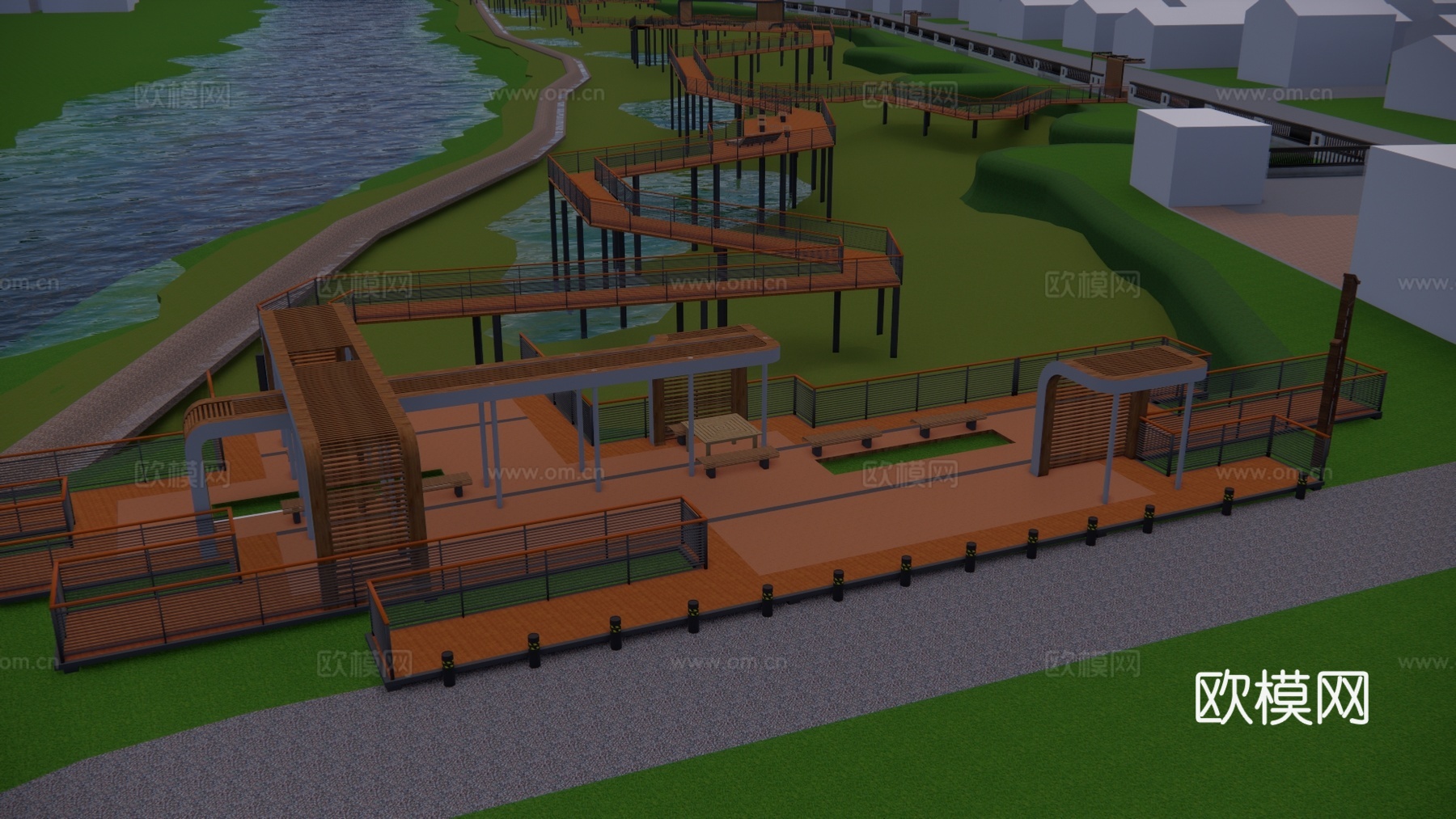 滨水景观 结构桥 亲水平台 桥梁 高架桥 景观桥su模型