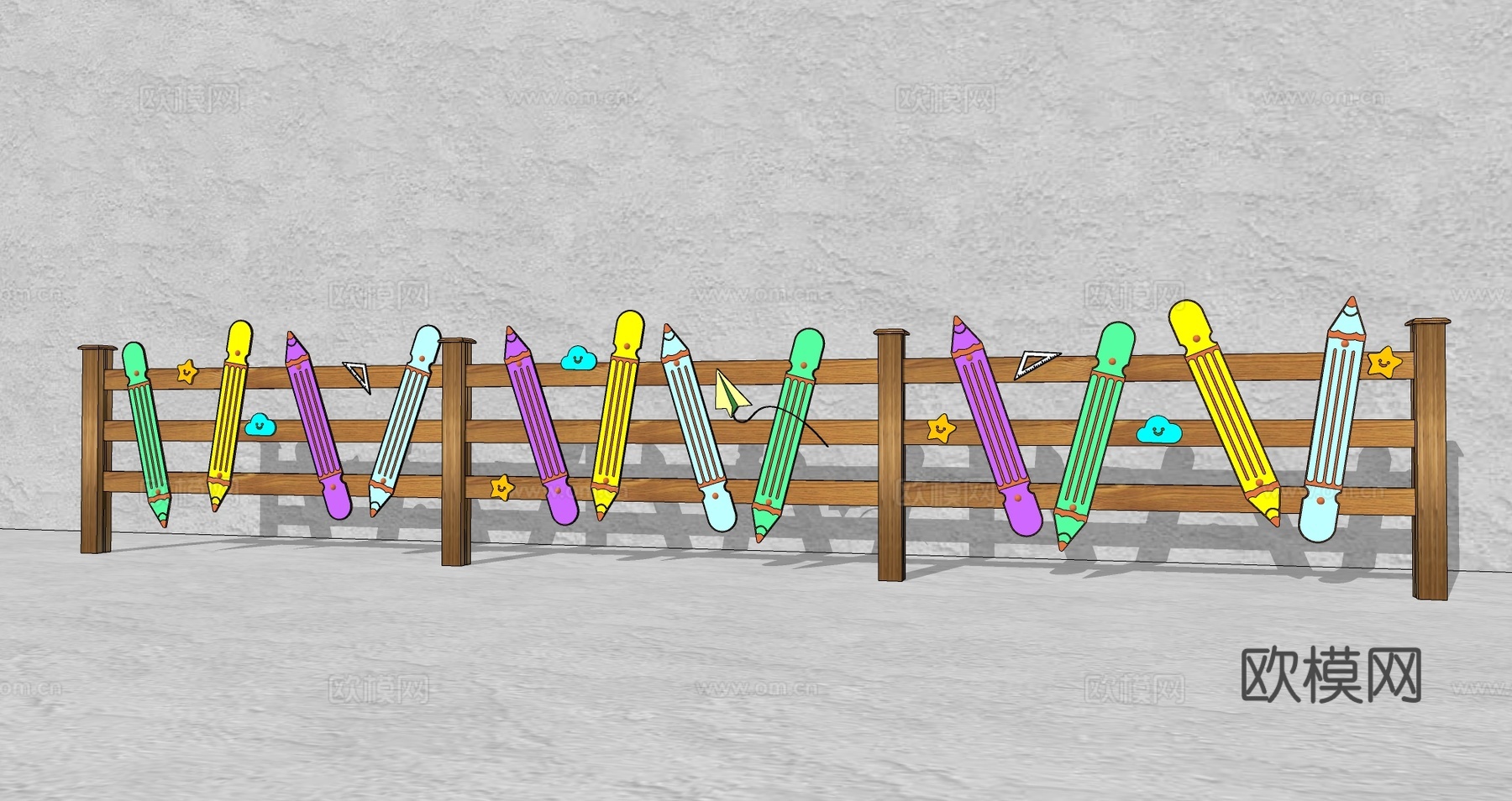现代生态户外卡通木质栏杆动物围栏护栏彩色花朵儿童栅栏田园草地su模型