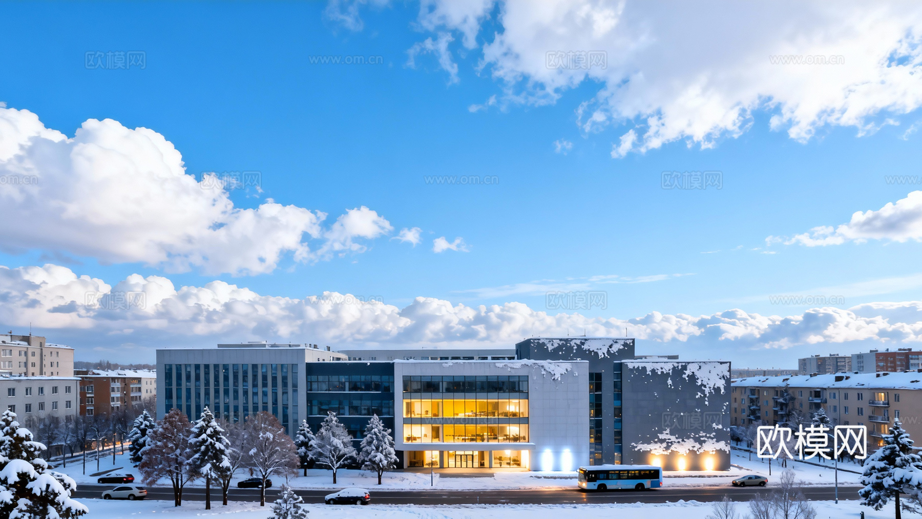 现代都市风景 清晨 雪景