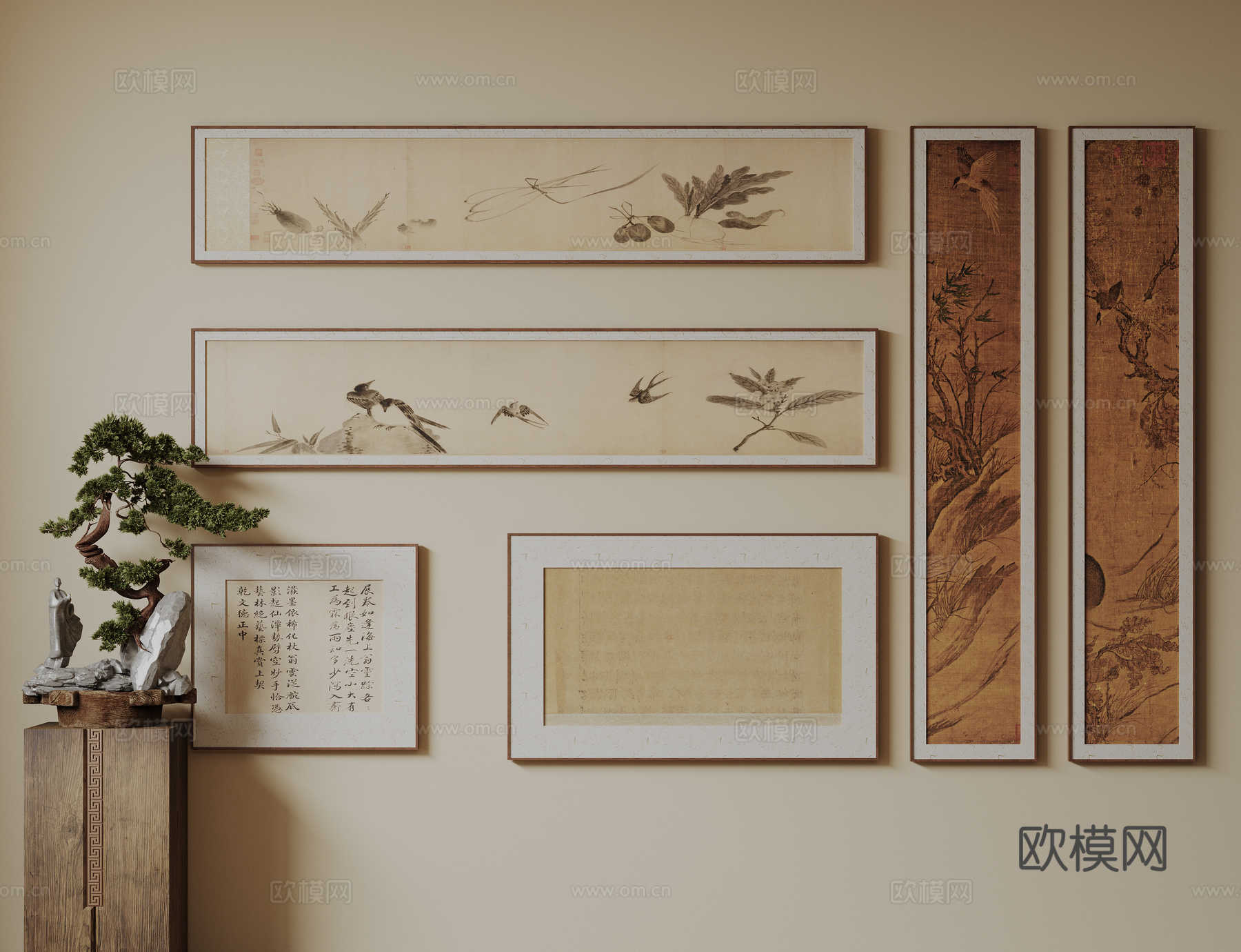 新中式禅意装饰画 宋式挂画 侘寂风挂画 中古风卷轴画 山水字su模型