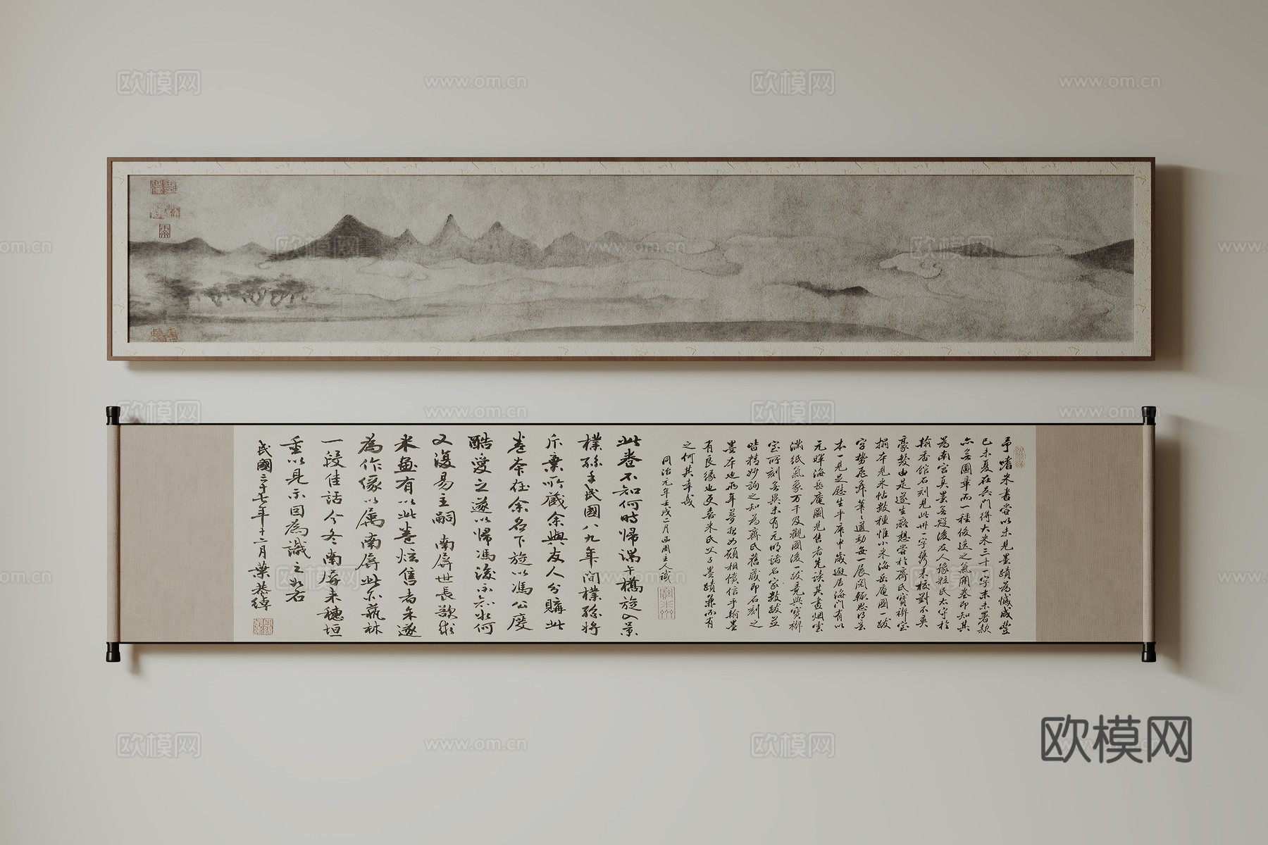 新中式禅意装饰画 宋式挂画 侘寂风挂画 中古风卷轴画 山水字su模型