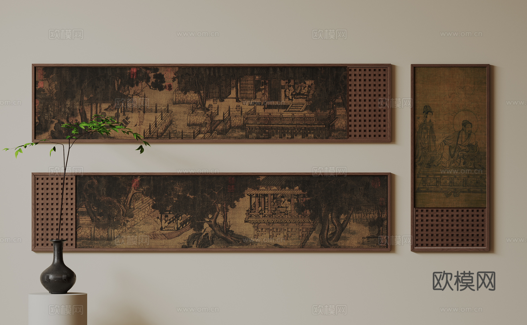 新中式禅意装饰画 宋式挂画 侘寂风挂画 中古风卷轴画 山水字su模型下载（渲染图1）