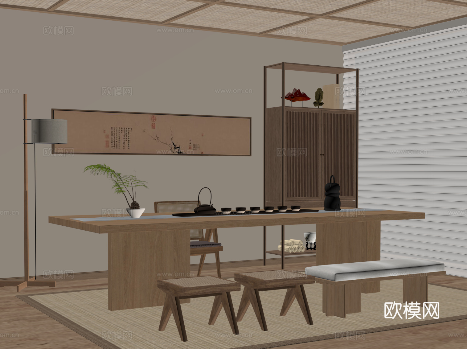 新中式茶桌椅su模型