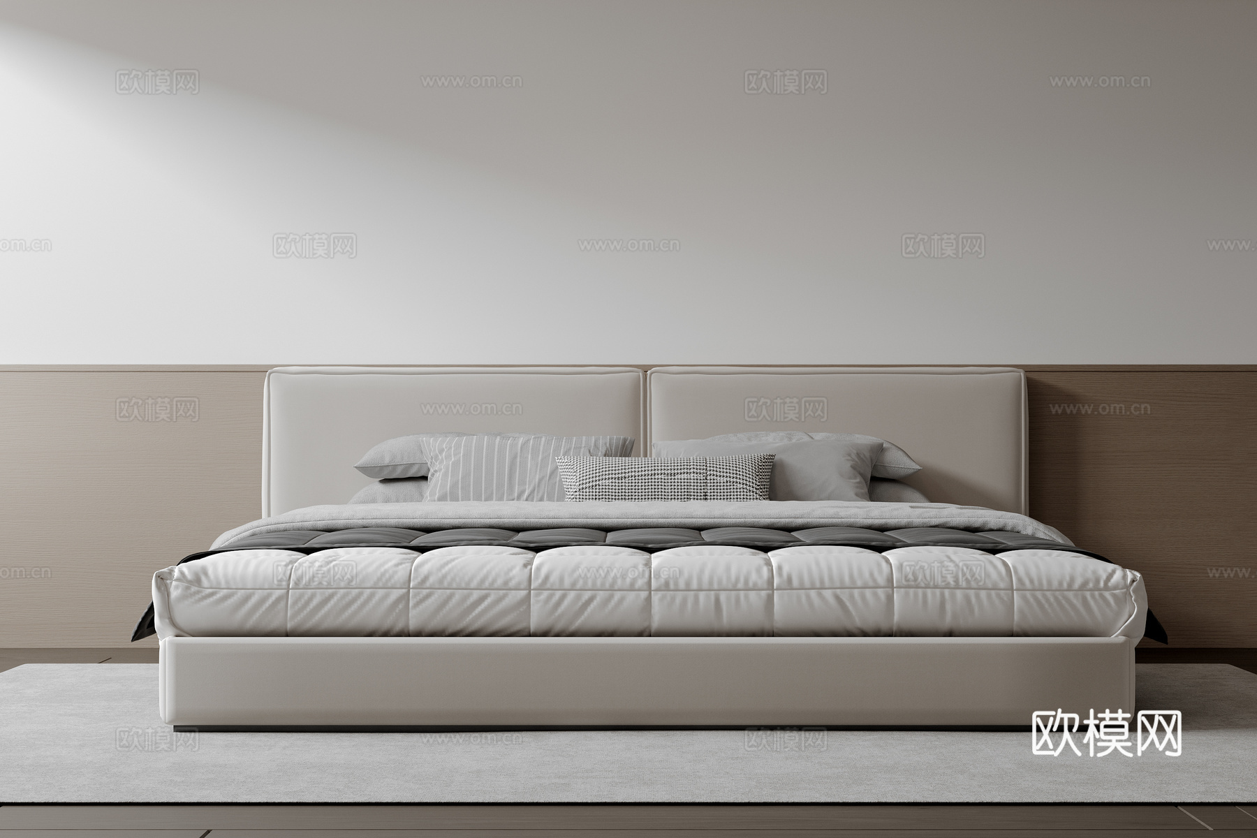 现代意式双人床 皮质床 布艺双人床 中古主卧床 地台床 极简su模型