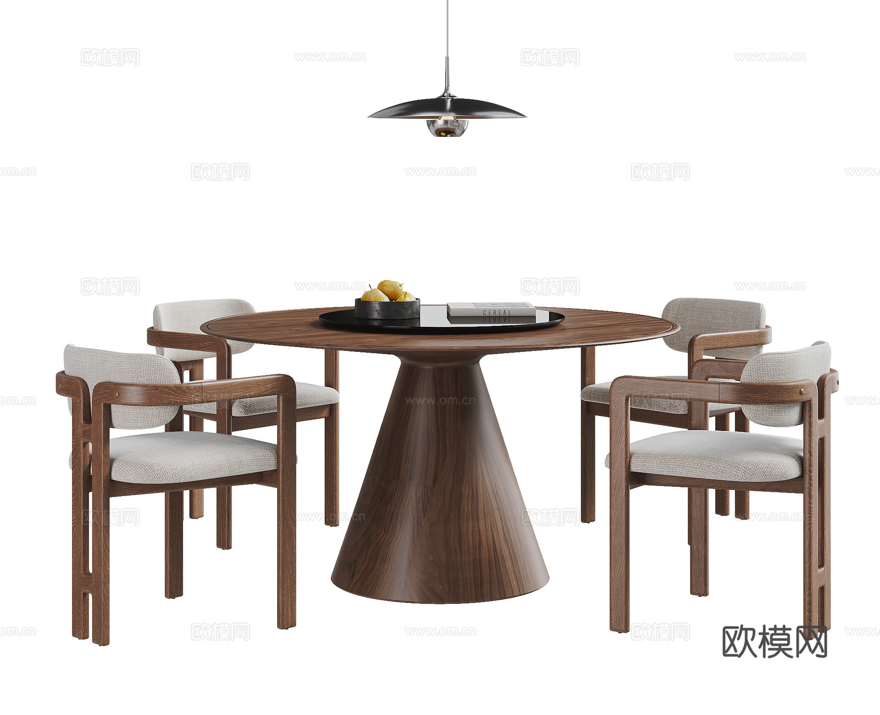 现代圆形餐桌椅组合 实木餐桌 扶手椅 圆桌餐厅 吊灯su模型