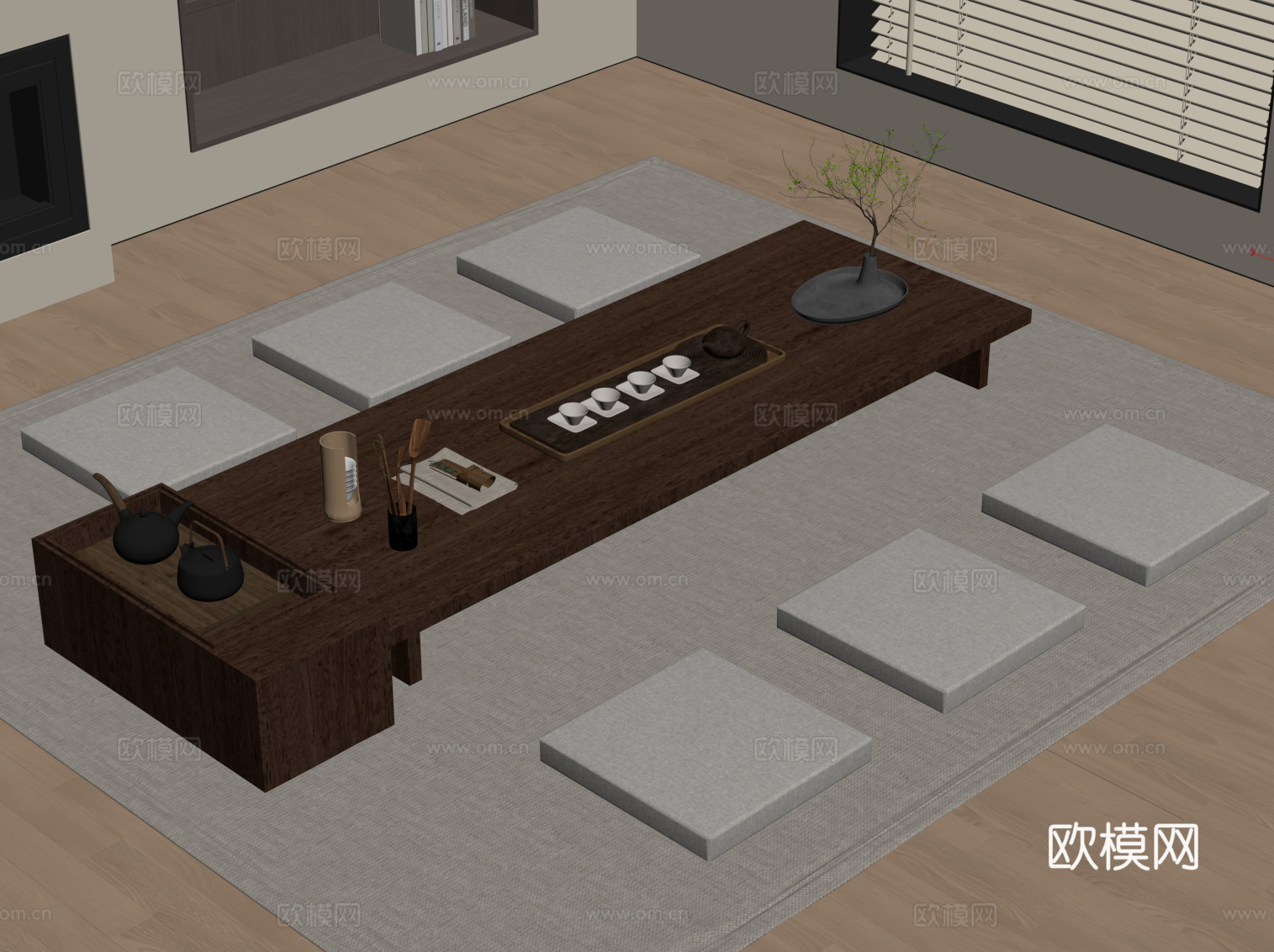 新中式茶桌 榻榻米茶桌su模型