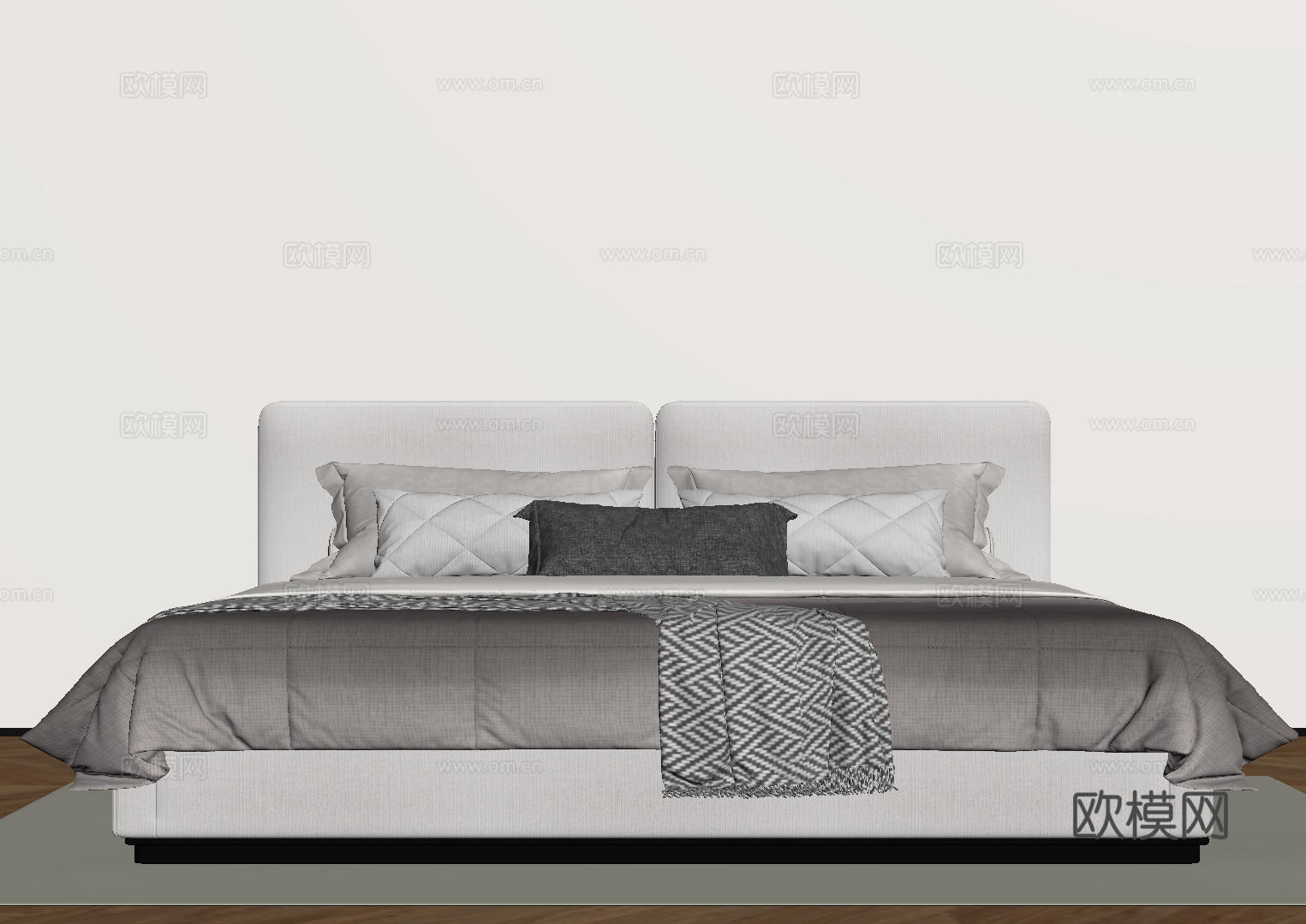 现代意式双人床 皮质床 布艺双人床 中古主卧床 地台床 极简su模型