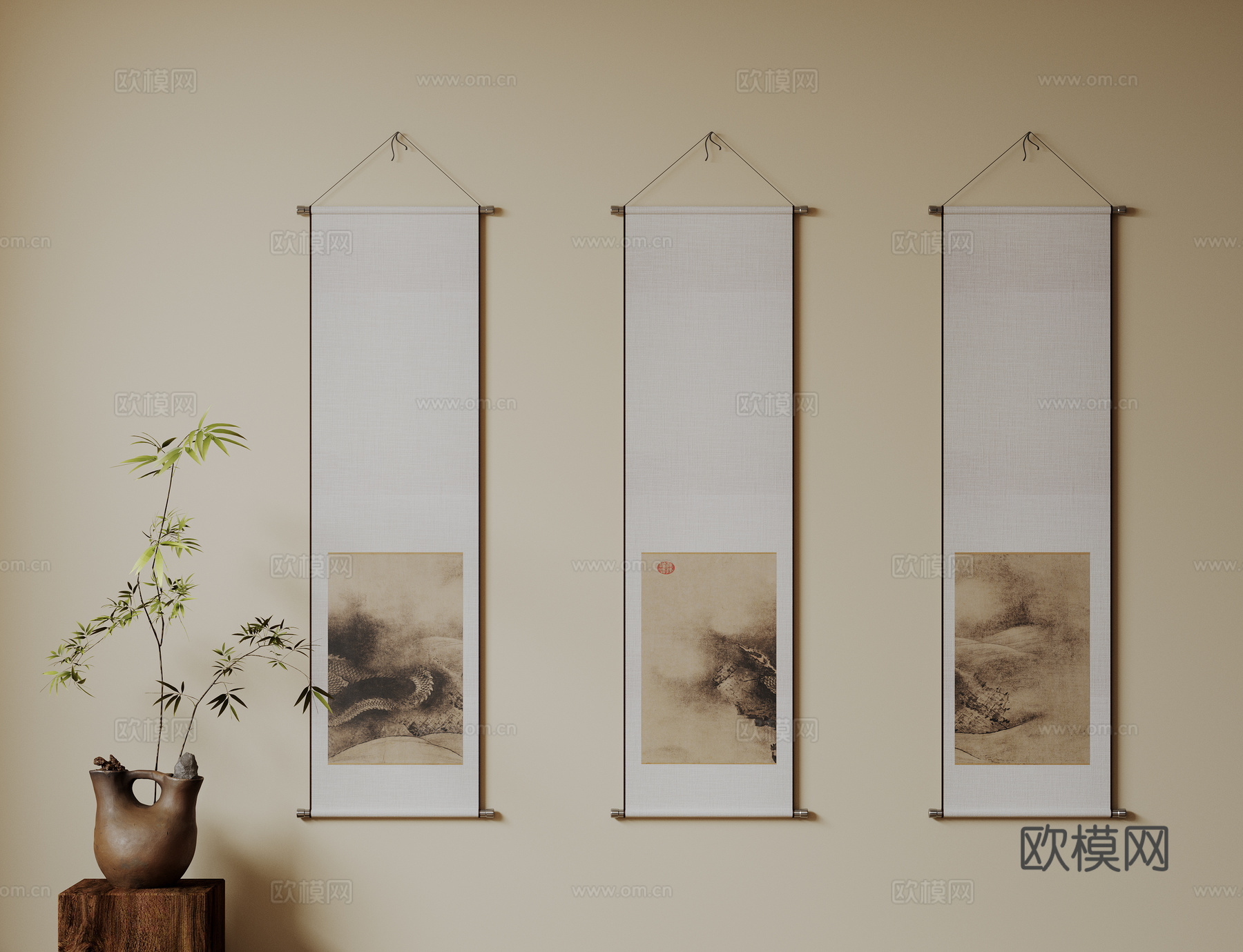 新中式禅意装饰画 宋式挂画 侘寂风挂画 中古风卷轴画 山水字su模型下载（渲染图1）