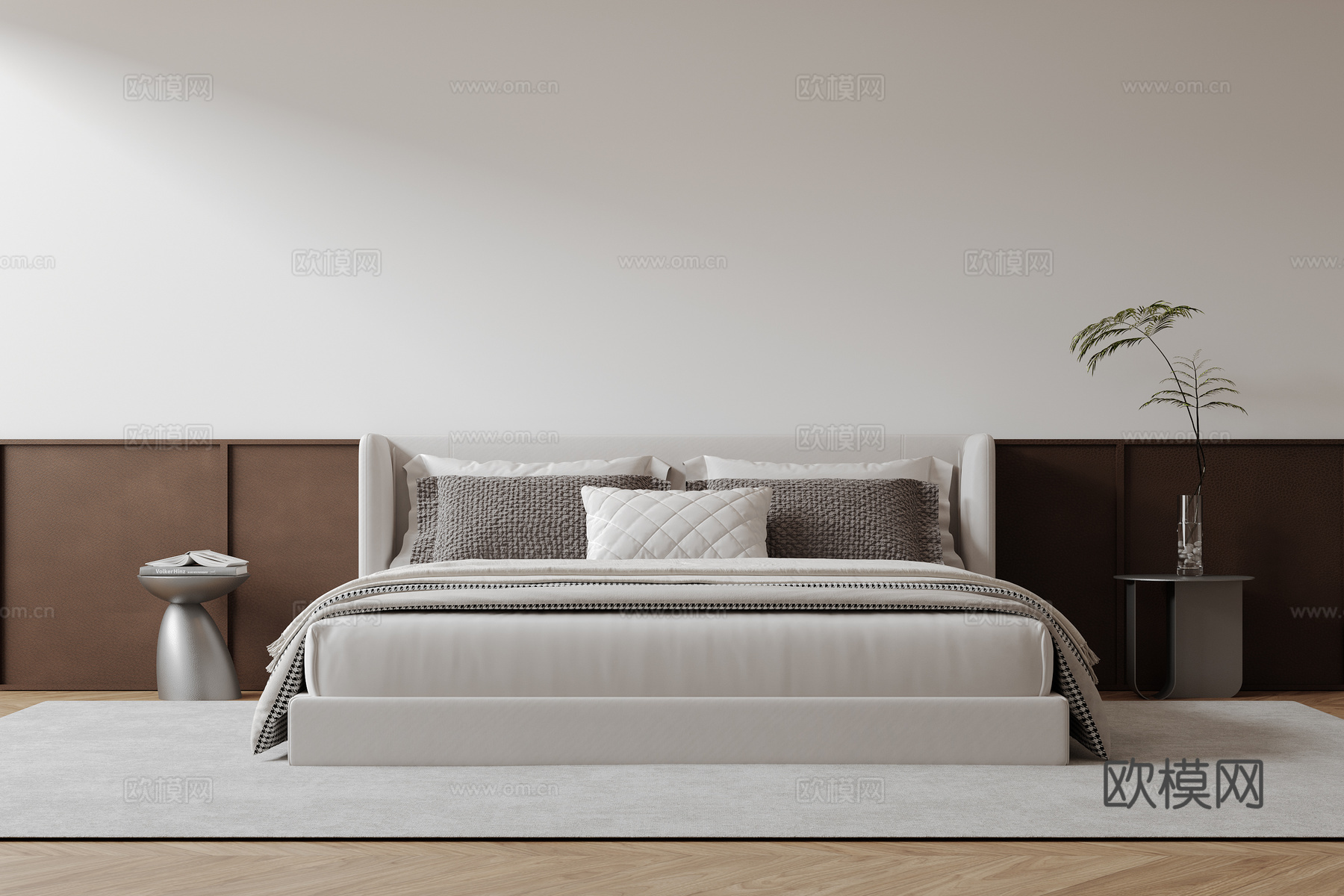 现代意式双人床 皮质床 布艺双人床 中古主卧床 地台床 极简su模型