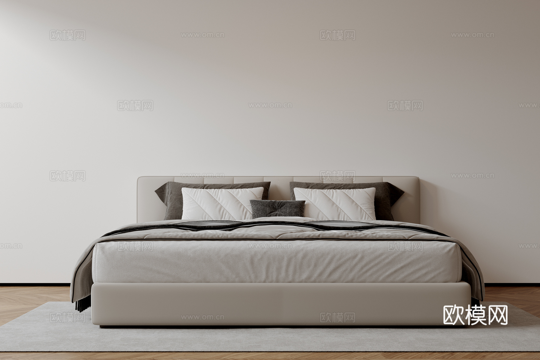 现代意式双人床 皮质床 布艺双人床 中古主卧床 地台床 极简su模型
