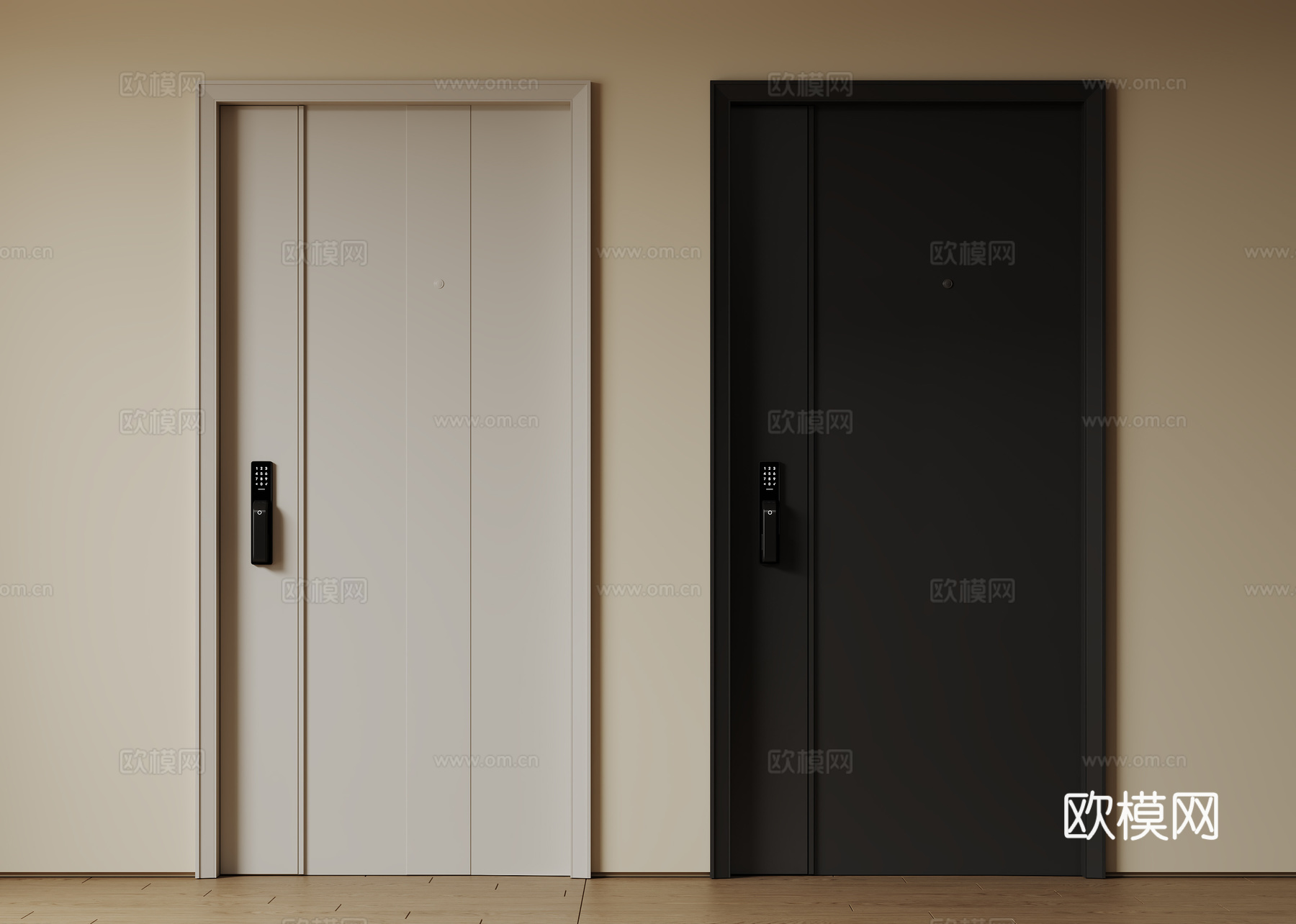 现代极简单开门 中古防盗门 通顶入户门 子母门 密码门 别墅su模型下载（渲染图1）