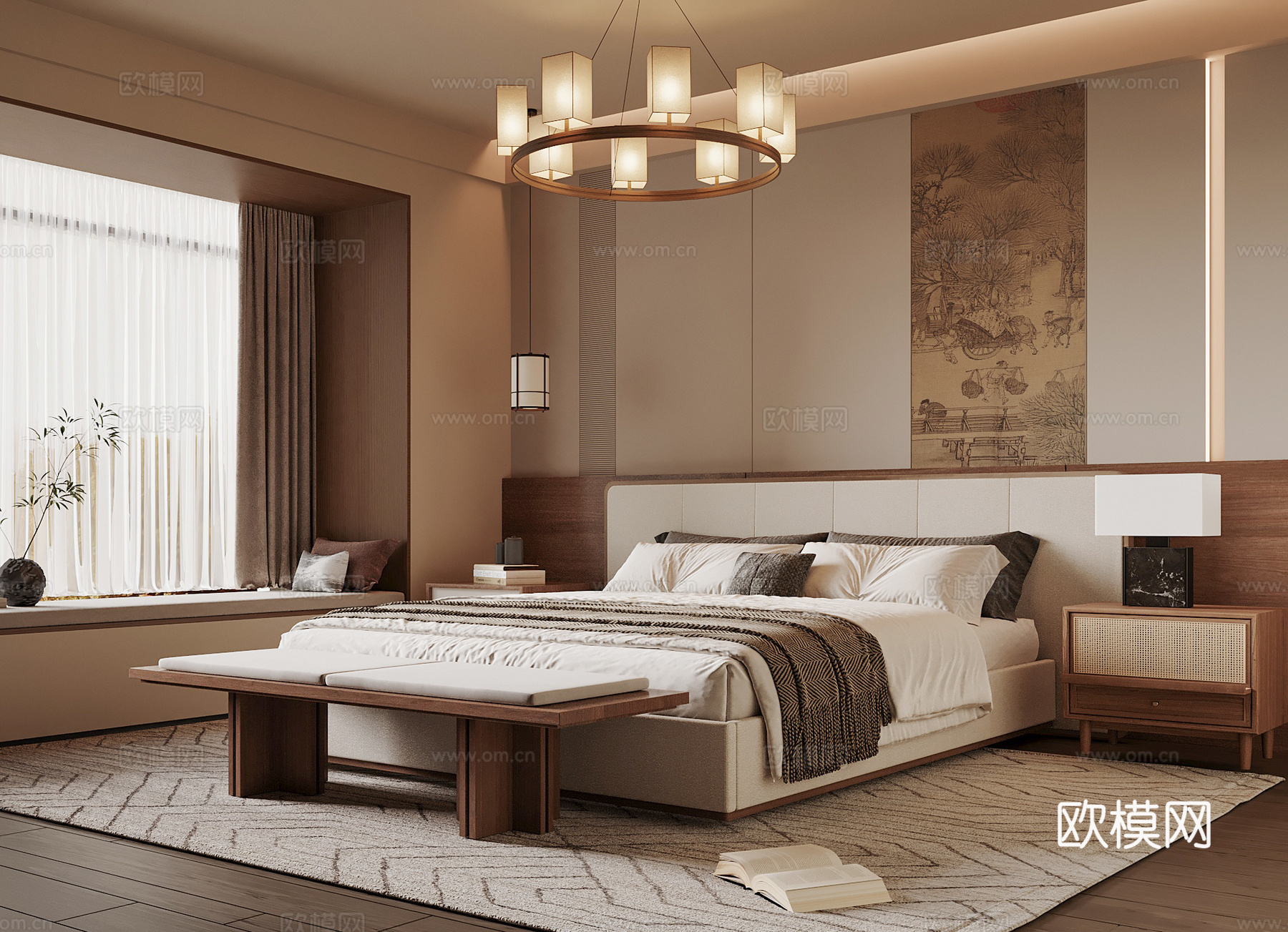 宋式卧室 宋式家居卧室 宋式双人床 床尾塌 卧室饰品摆件su模型