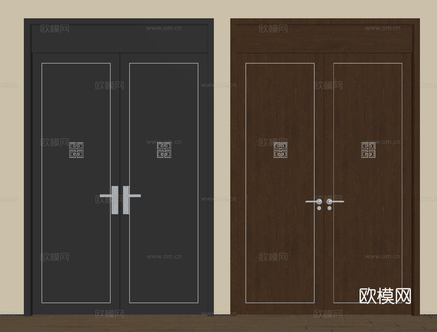 新中式侘寂双开门 中古平开门 入户门 防盗门 通顶对开门 别su模型