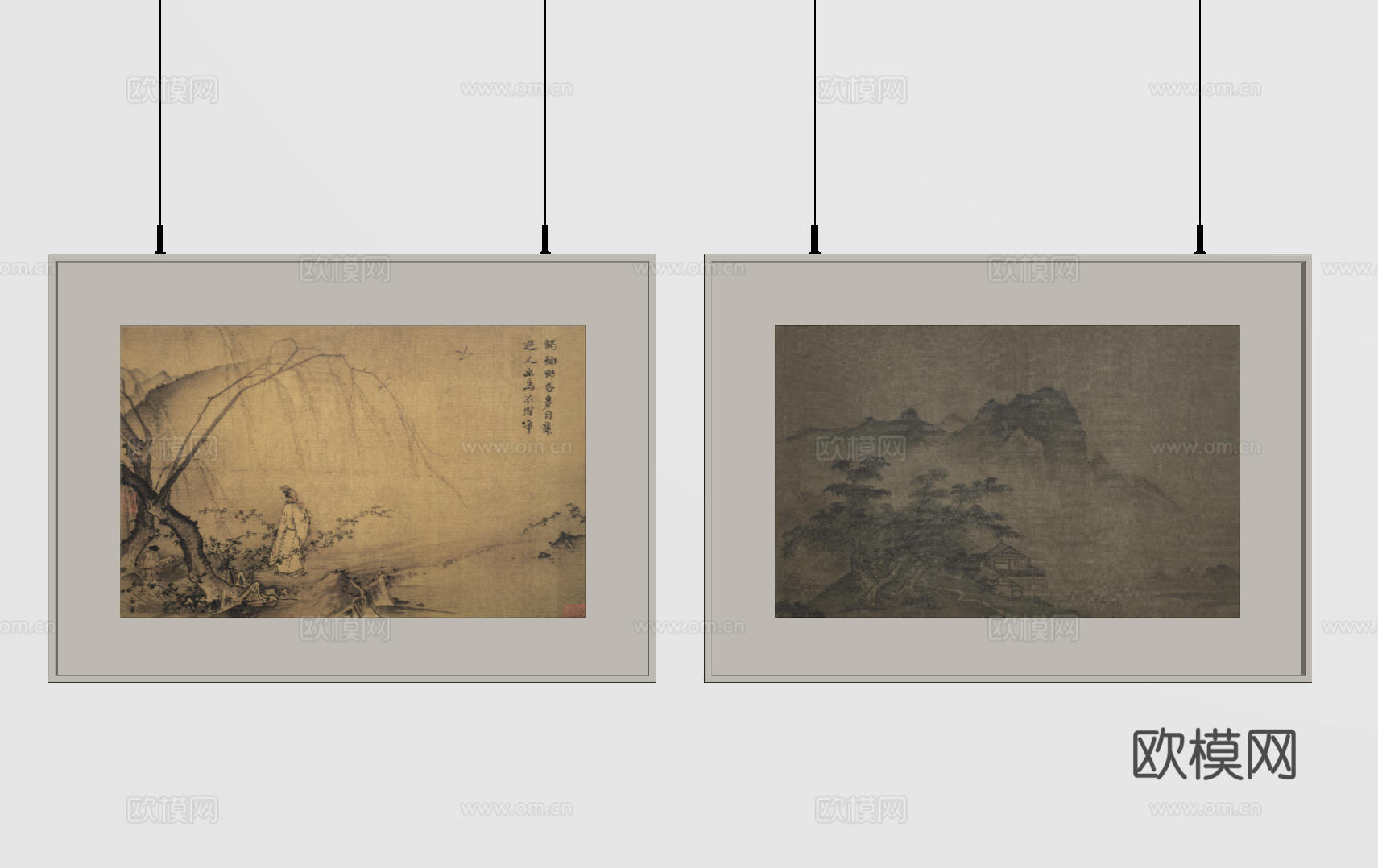 新中式禅意装饰画 宋式挂画 侘寂风挂画 中古风卷轴画 山水字su模型