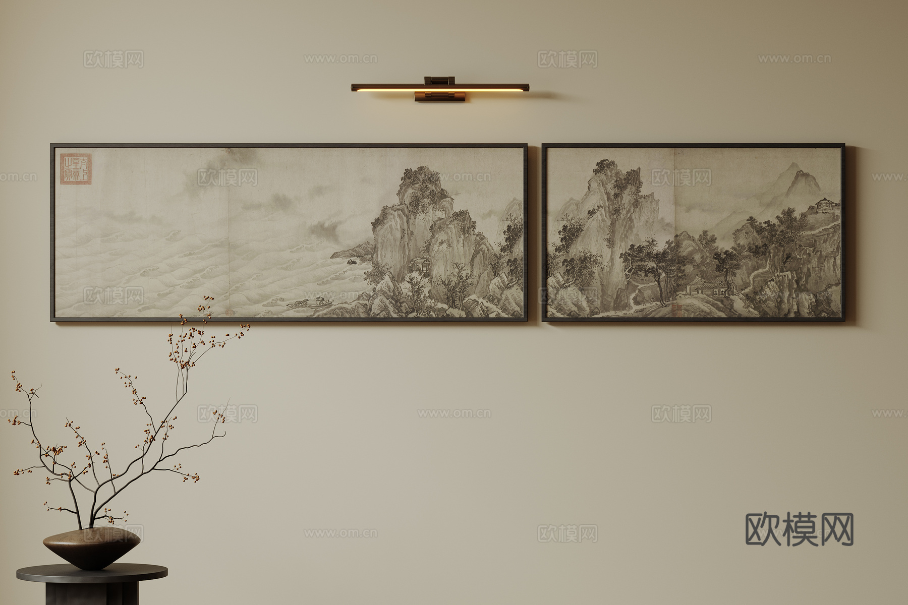 新中式禅意装饰画 宋式挂画 侘寂风挂画 中古风卷轴画 山水字su模型下载（渲染图1）