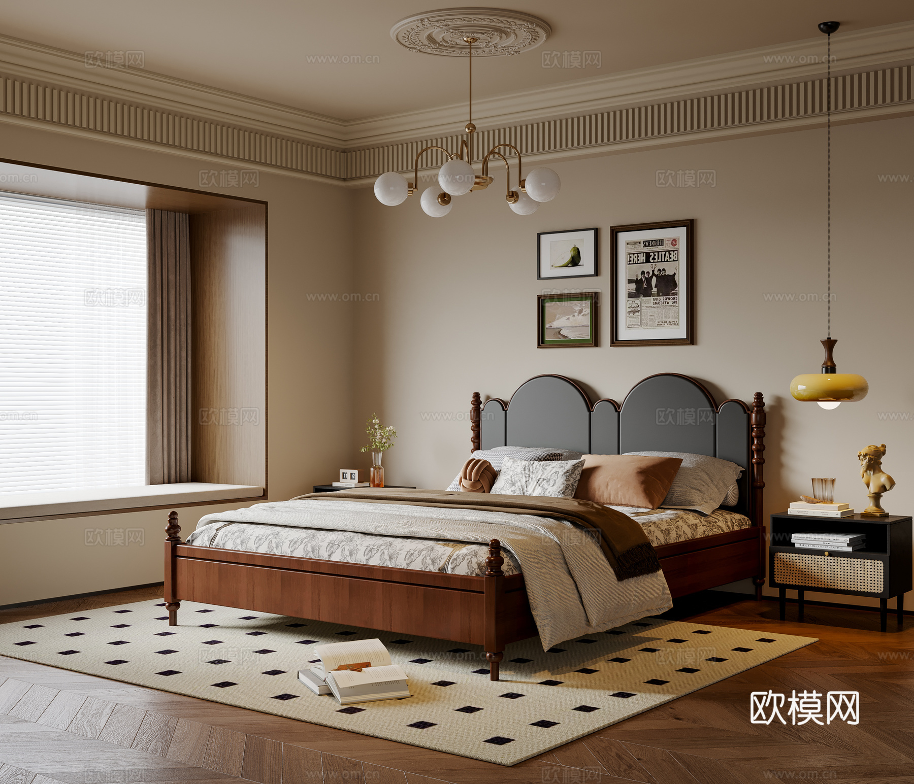 法式中古风卧室 实木双人床 床头柜 吊灯 挂画 地毯su模型
