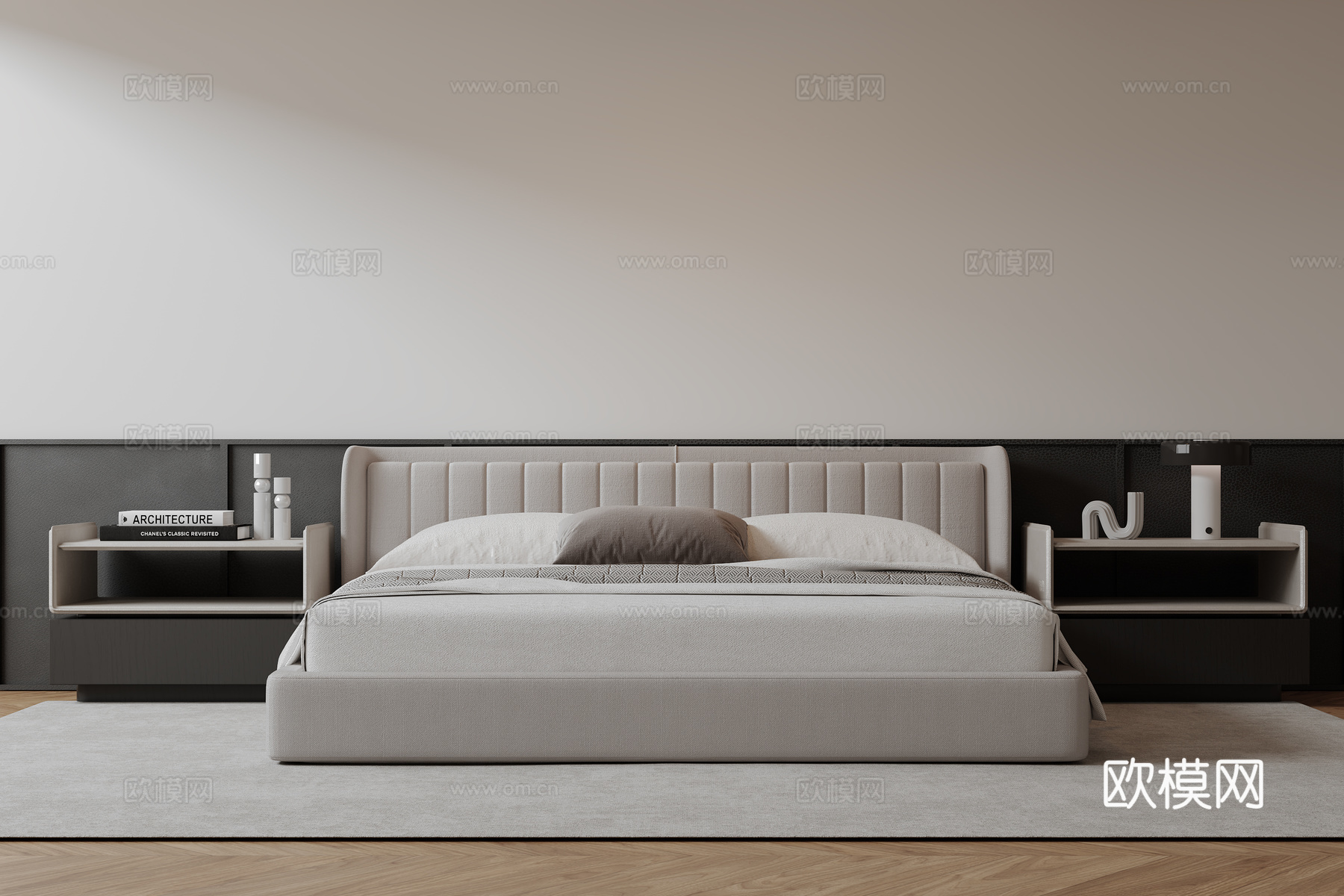 现代意式双人床 皮质床 布艺双人床 中古主卧床 地台床 极简su模型