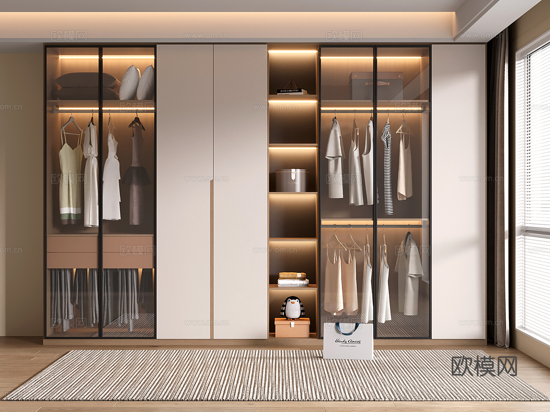 现代衣柜 定制通顶衣柜 玻璃门衣柜su模型