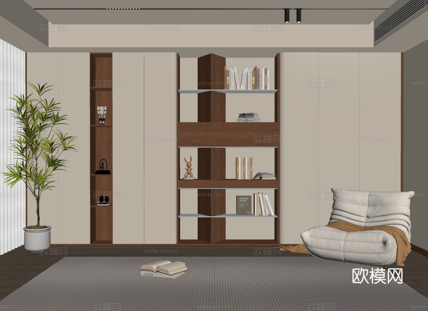 现代中古定制书柜 满墙开放书柜su模型