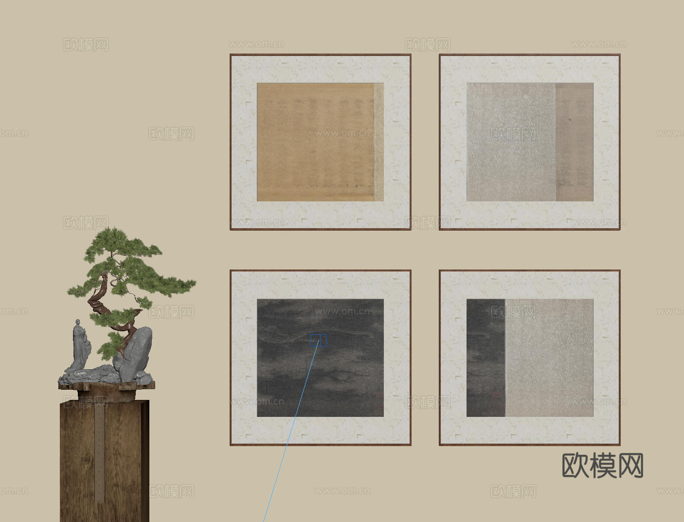 新中式禅意装饰画 宋式挂画 侘寂风挂画 中古风卷轴画 山水字su模型下载（渲染图2）