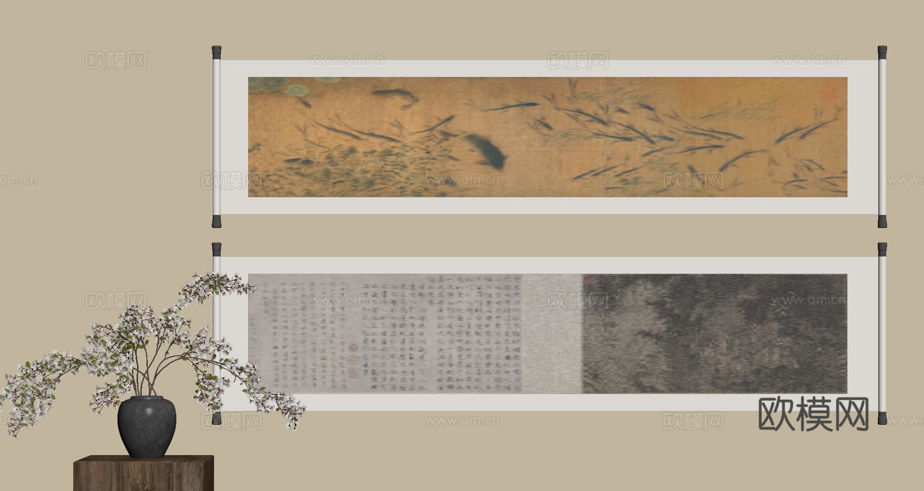 新中式禅意装饰画 宋式挂画 侘寂风挂画 中古风卷轴画 山水字su模型