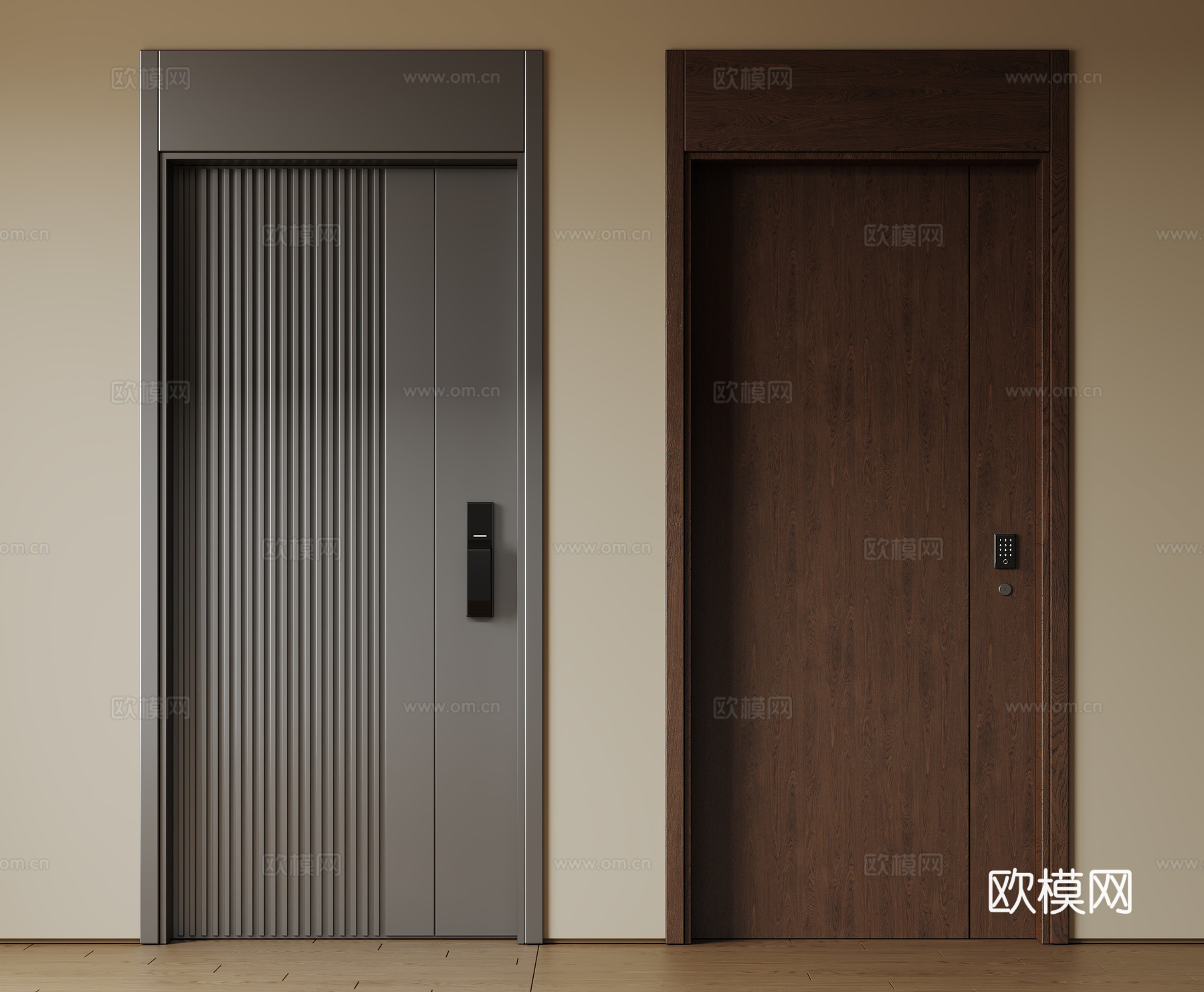 现代极简单开门 中古防盗门 通顶入户门 子母门 密码门 别墅su模型