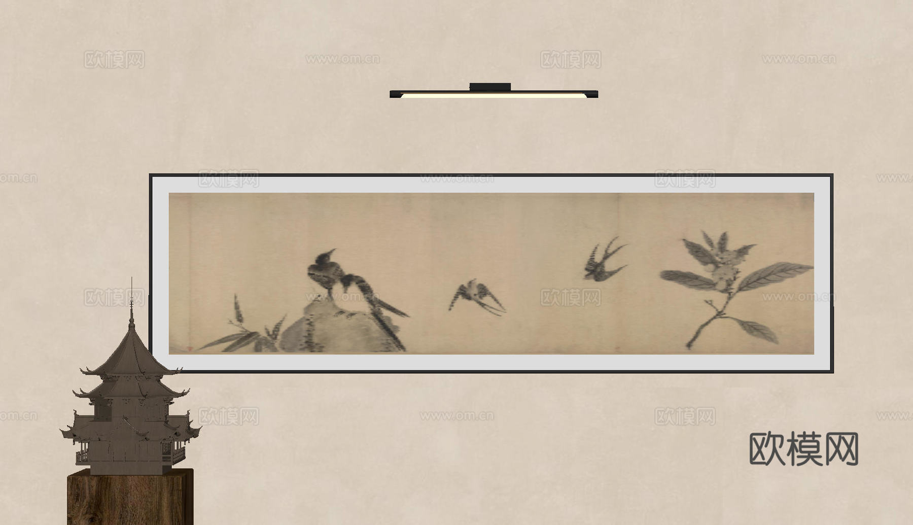 新中式禅意装饰画 宋式挂画 侘寂风挂画 中古风卷轴画 山水字su模型