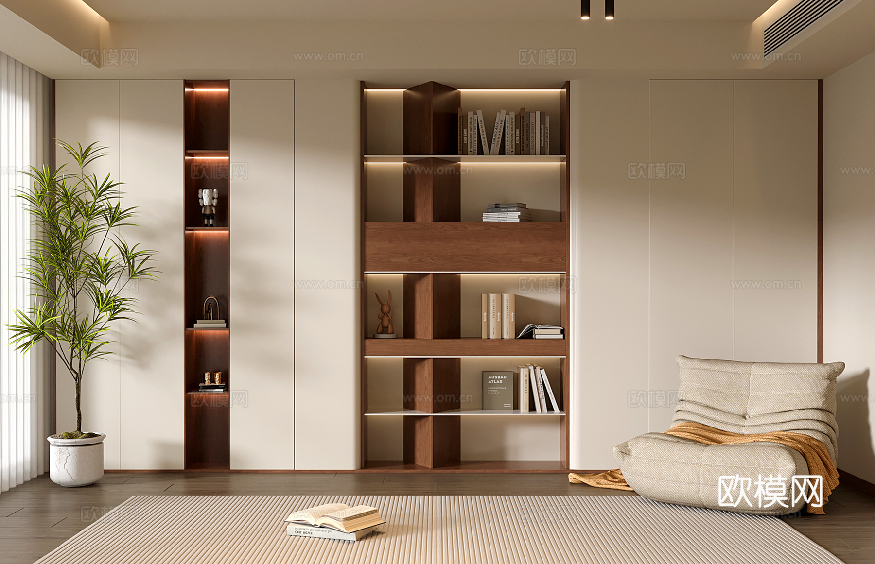 现代中古定制书柜 满墙开放书柜su模型