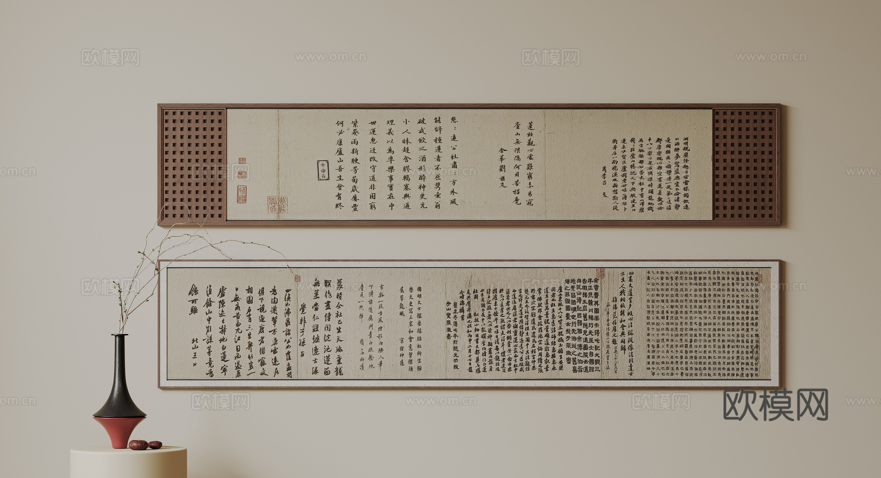 新中式禅意装饰画 宋式挂画 侘寂风挂画 中古风卷轴画 山水字su模型