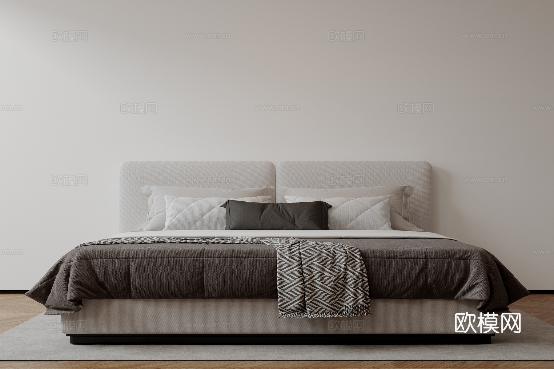 现代意式双人床 皮质床 布艺双人床 中古主卧床 地台床 极简su模型