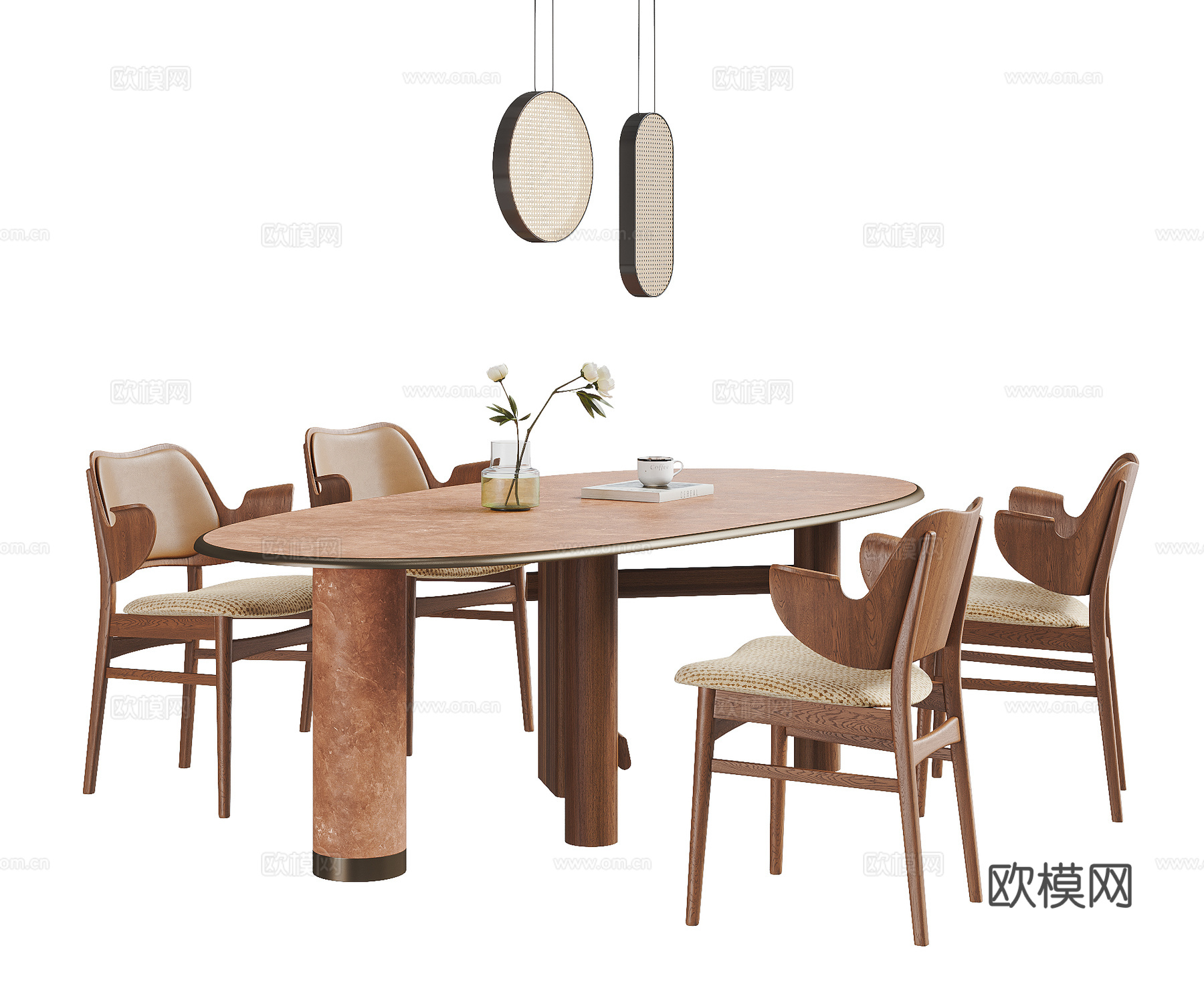 现代中古风餐桌椅组合 吊灯 餐桌 餐椅su模型