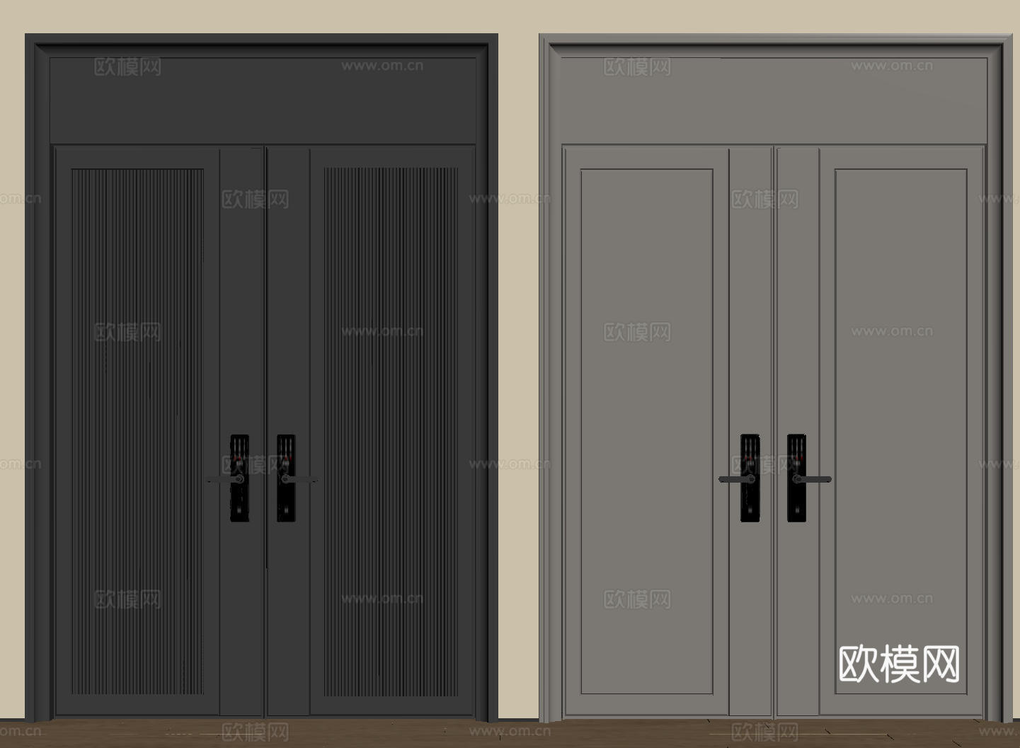 现代极简双开门 中古平开门 入户门 防盗门 通顶对开门 别墅su模型