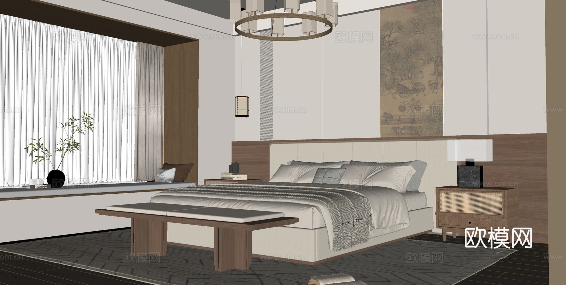 宋式卧室 宋式家居卧室 宋式双人床 床尾塌 卧室饰品摆件su模型