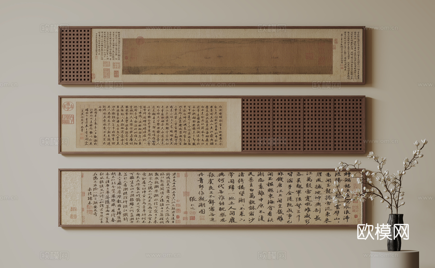 新中式禅意装饰画 宋式挂画 侘寂风挂画 中古风卷轴画 山水字su模型