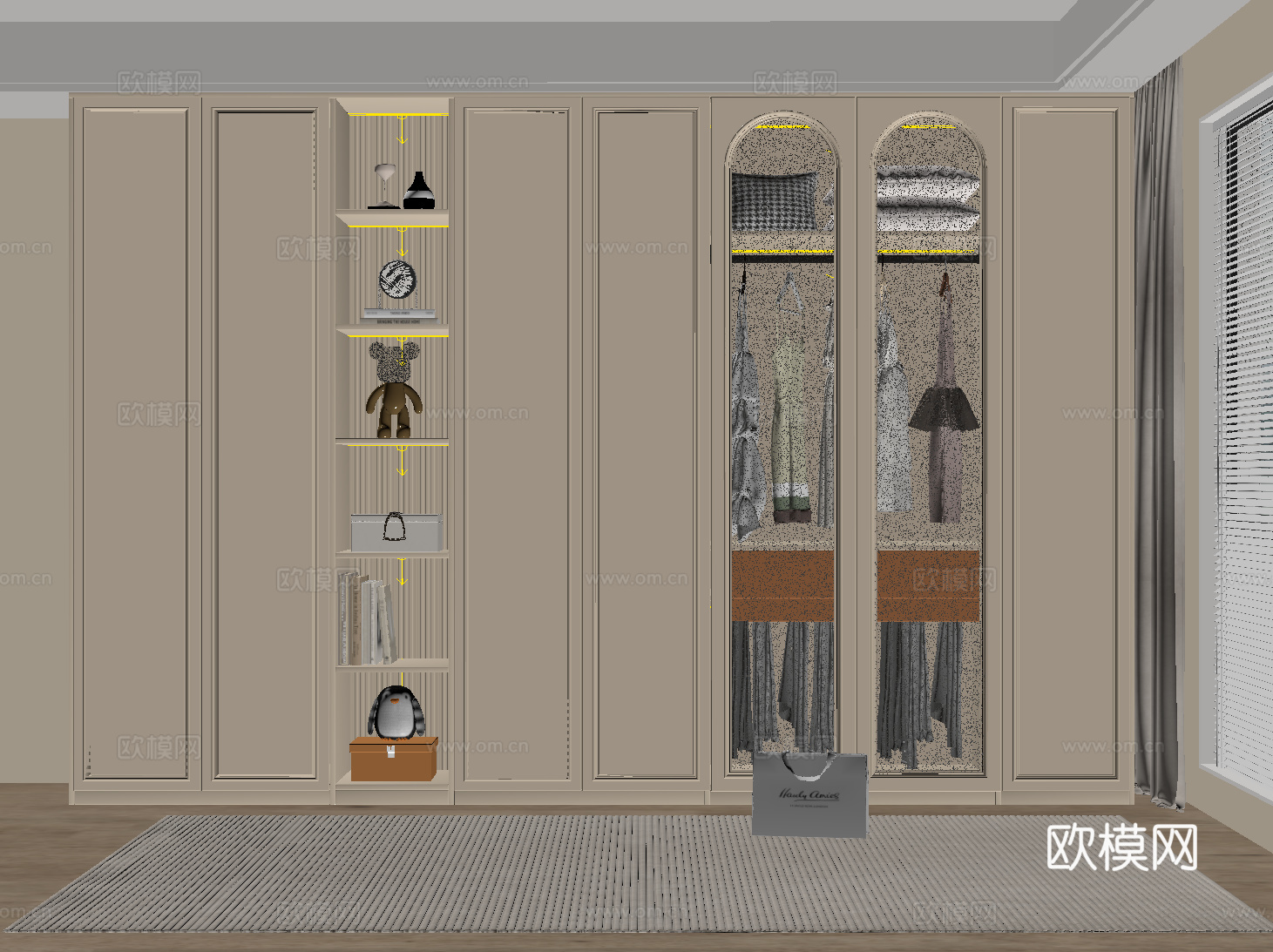 法式奶油风衣柜 定制通顶衣柜 玻璃门衣柜 开放格衣柜su模型