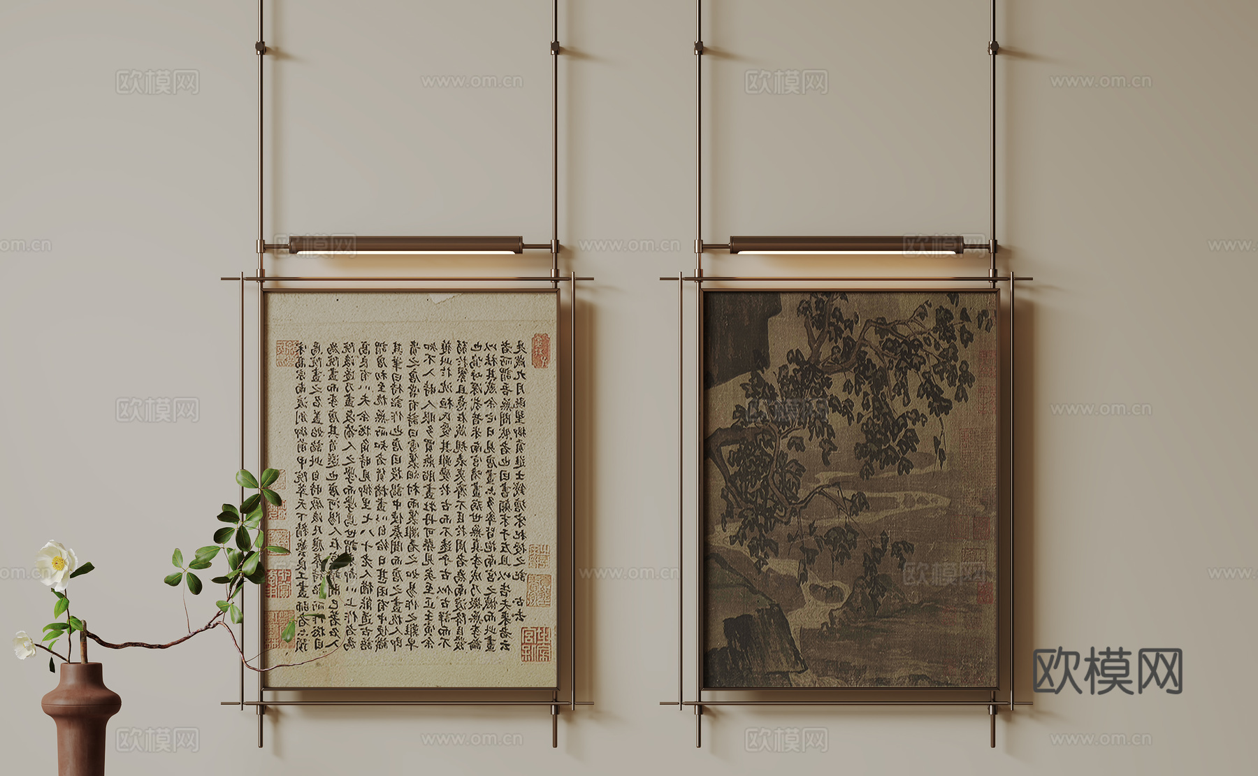 新中式禅意装饰画 宋式挂画 侘寂风挂画 中古风卷轴画 山水字su模型