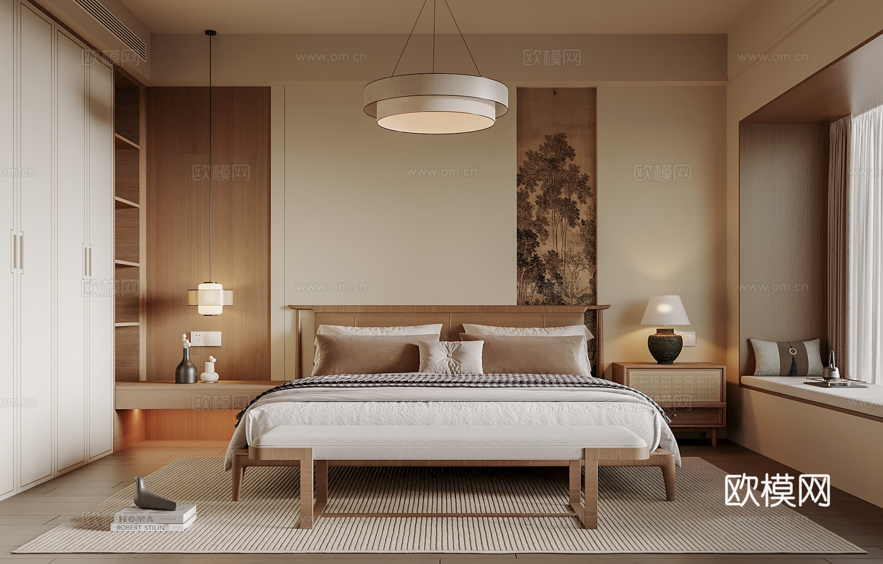 宋式卧室 宋式家居卧室 宋式双人床 床尾塌 卧室饰品摆件su模型