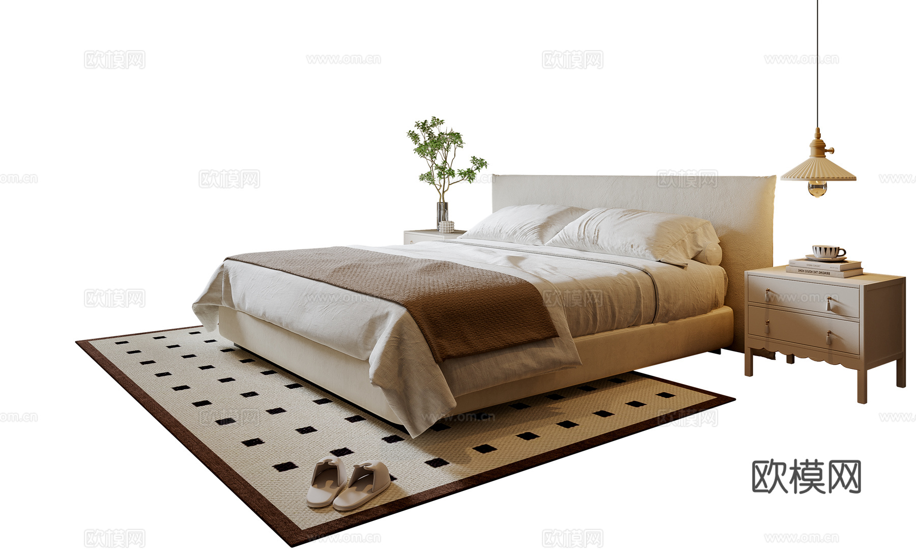 法式双人床 布艺双人床 床头柜 吊灯 地毯su模型