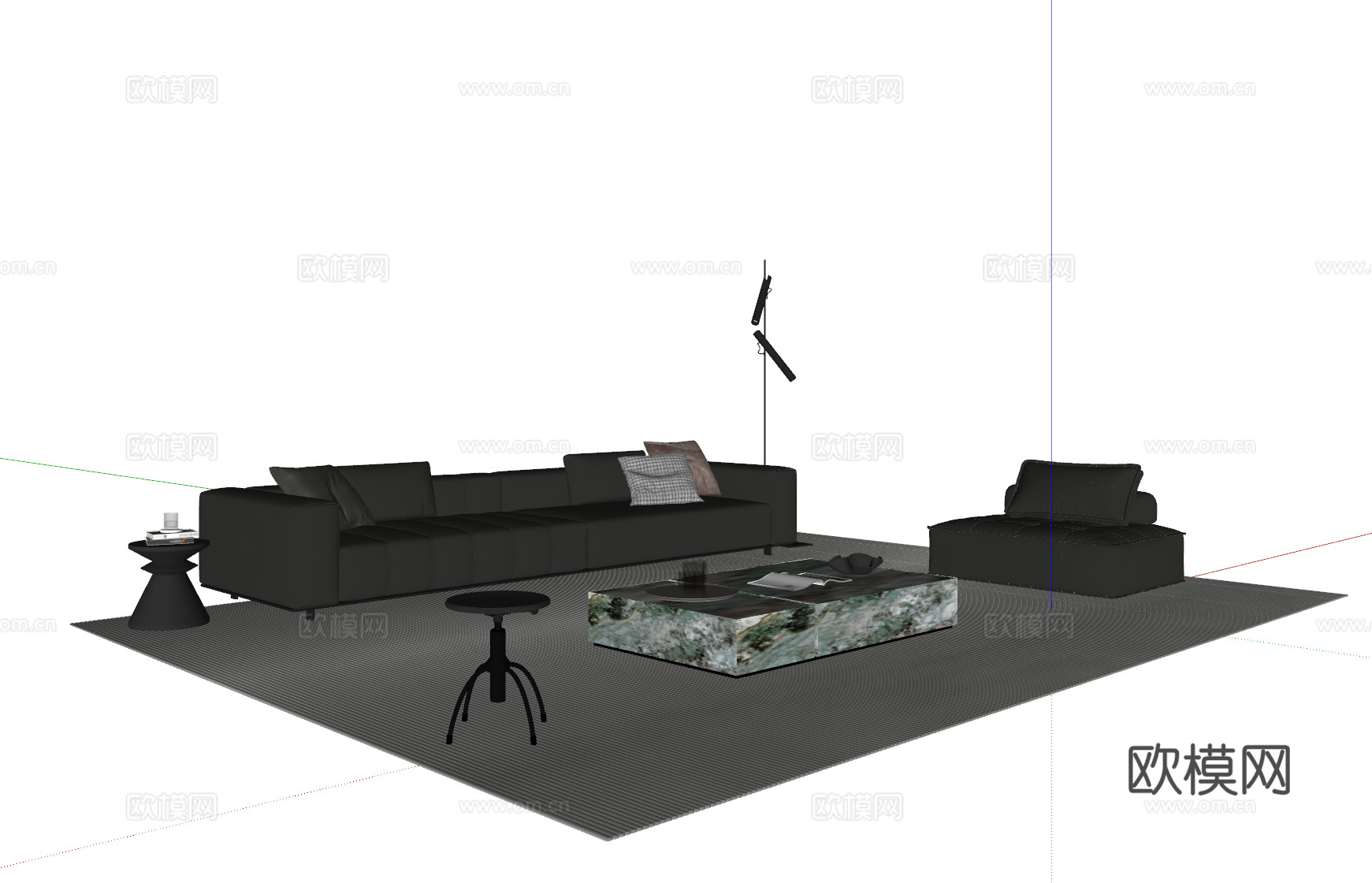 现代意式沙发茶几组合 多人沙发 皮质沙发 休闲椅 地毯su模型